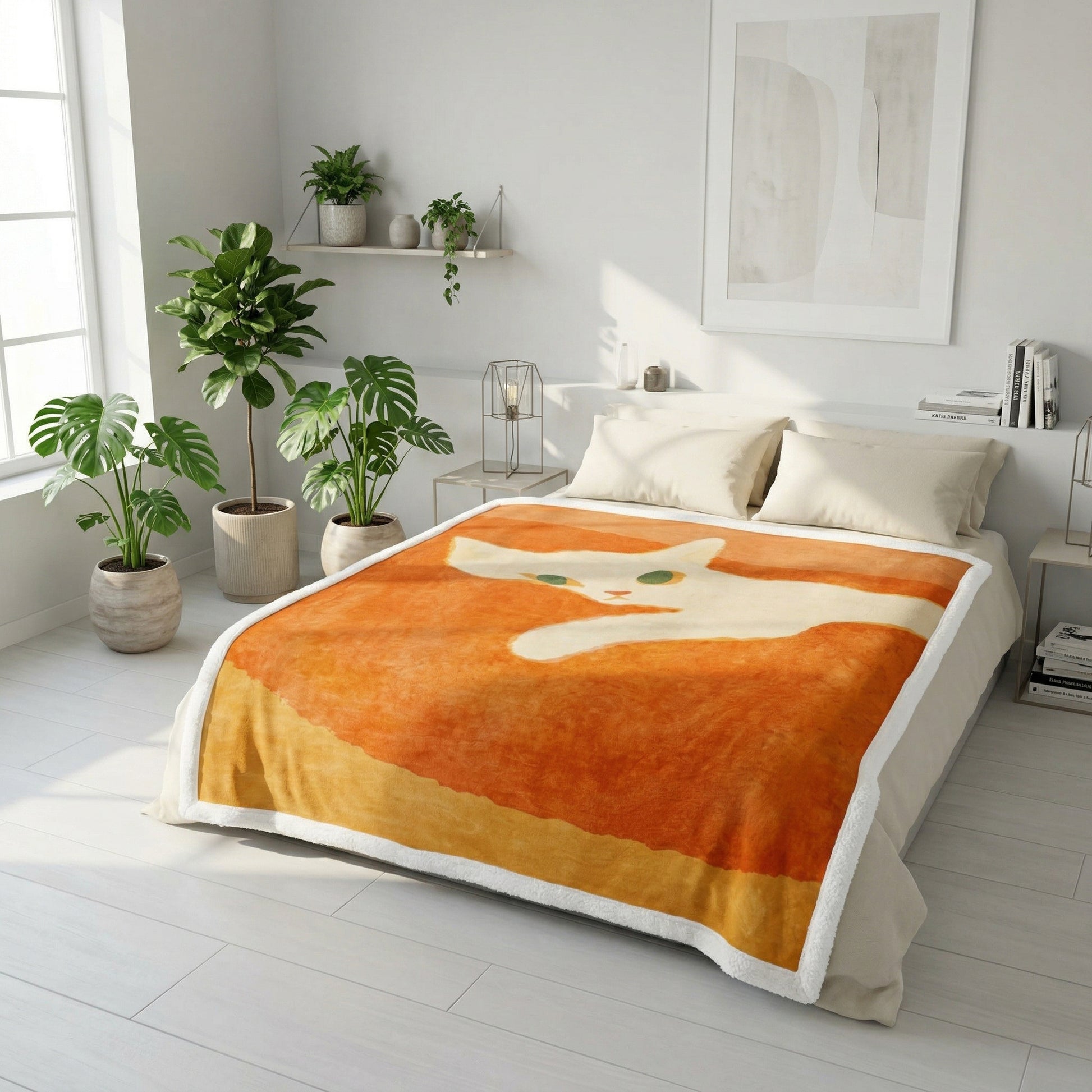 Orange flannel blanket with a white cat illustration and cozy sherpa lining on a bed.