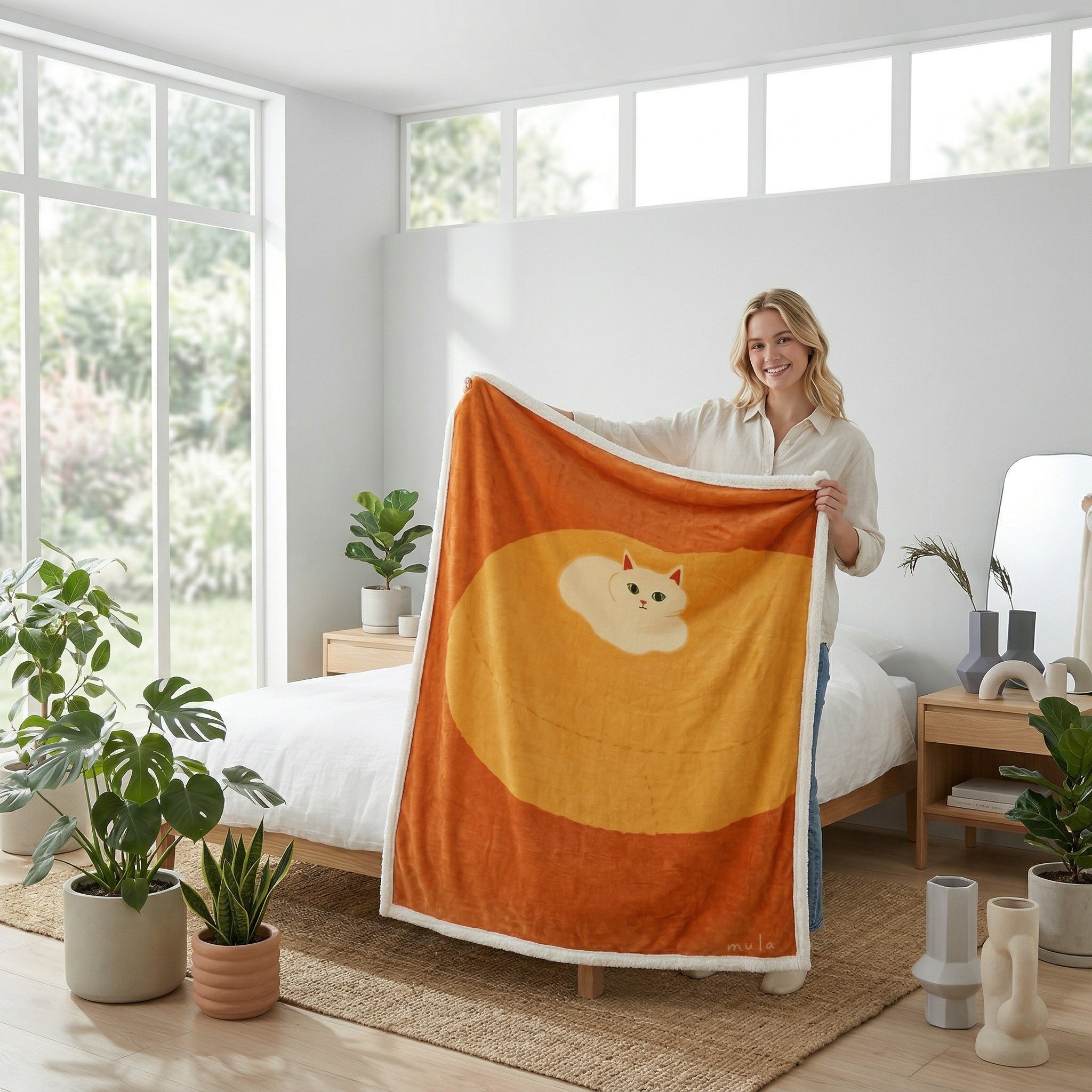 Woman holding a soft orange flannel blanket with a white cat illustration and sherpa trim.