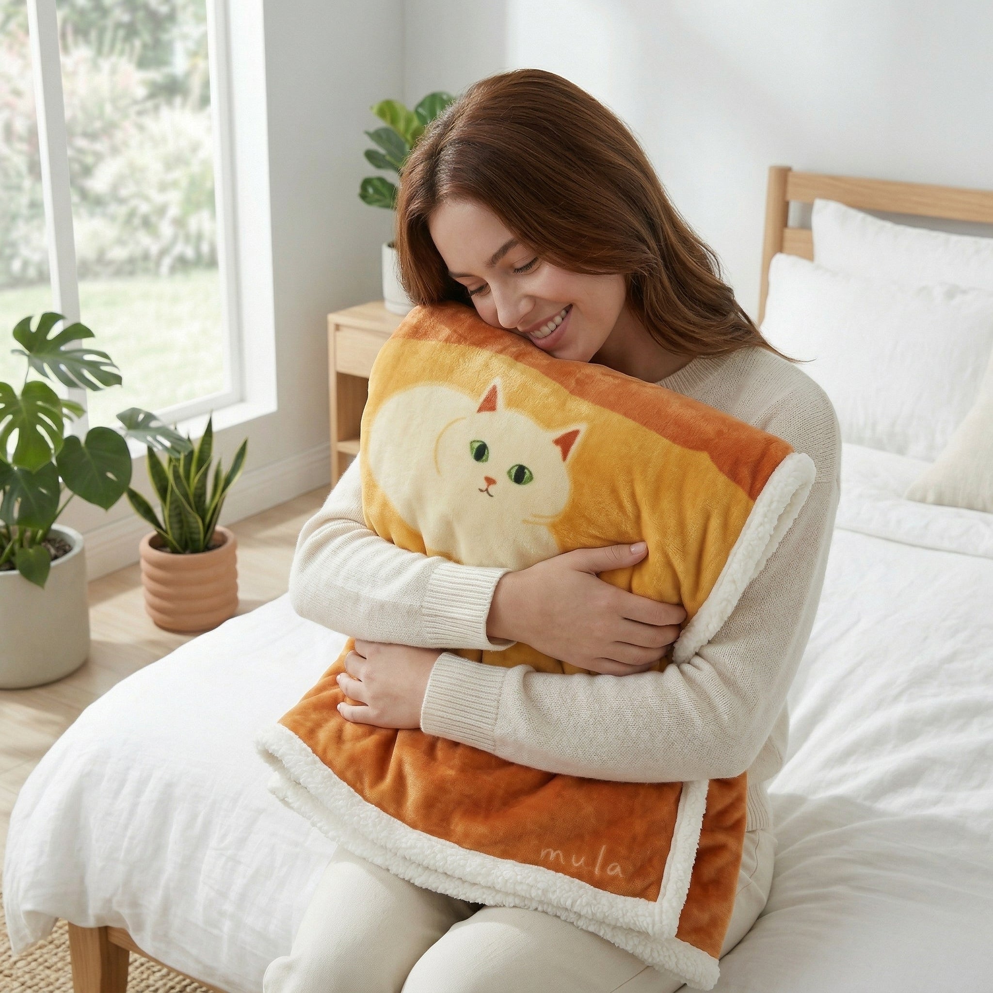 Woman hugging a soft orange flannel blanket with a white cat illustration and sherpa trim.