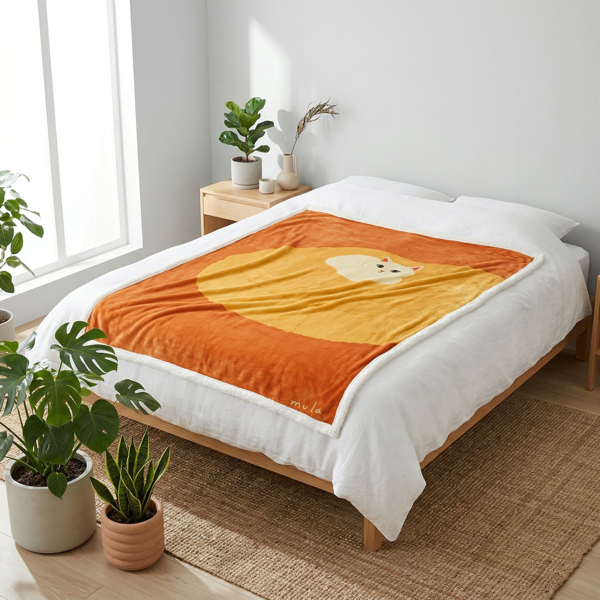 Orange flannel blanket with a white cat illustration on a yellow circle, draped over a white bed.