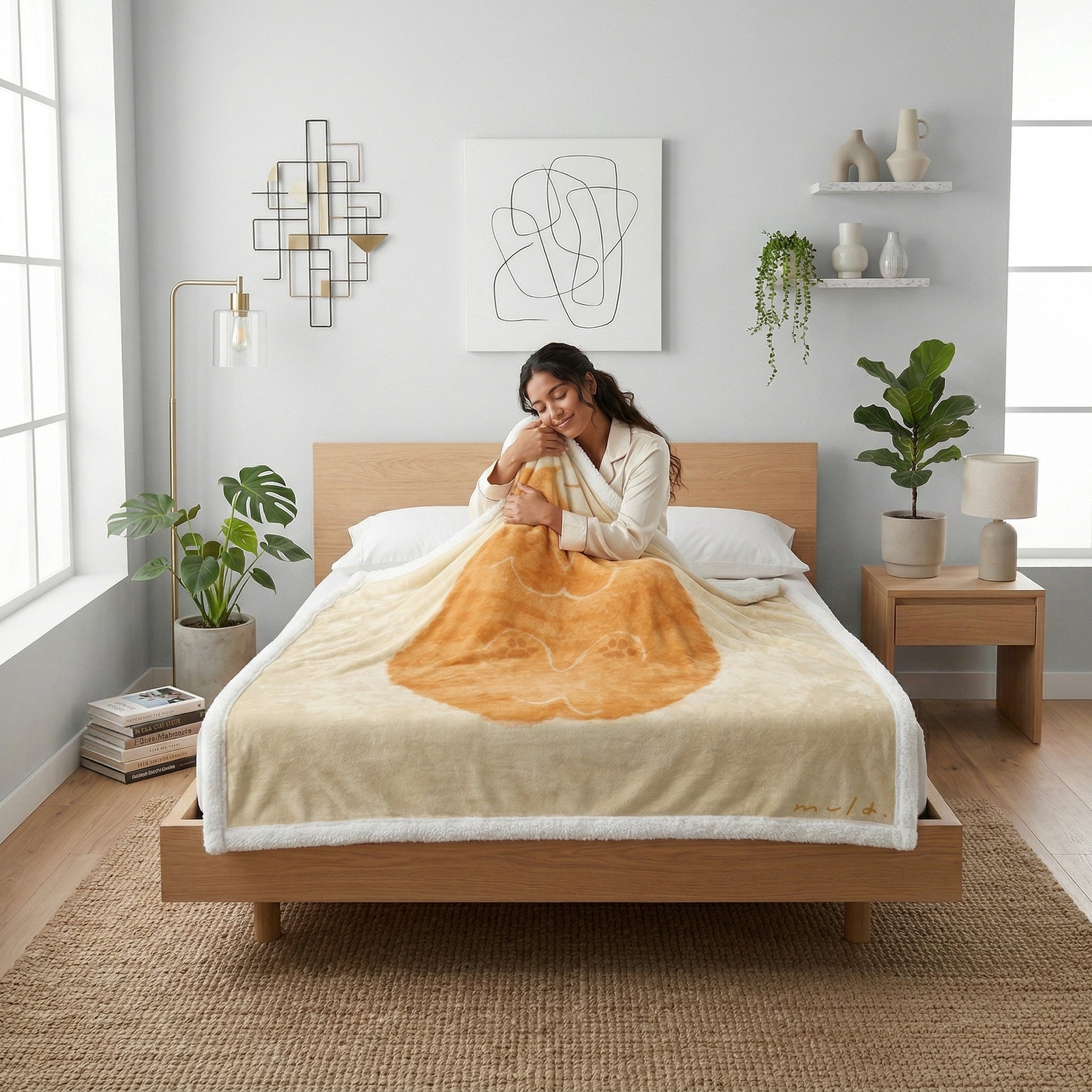Woman on a bed wrapped in a soft, reversible flannel blanket with a large, round orange cat illustration.