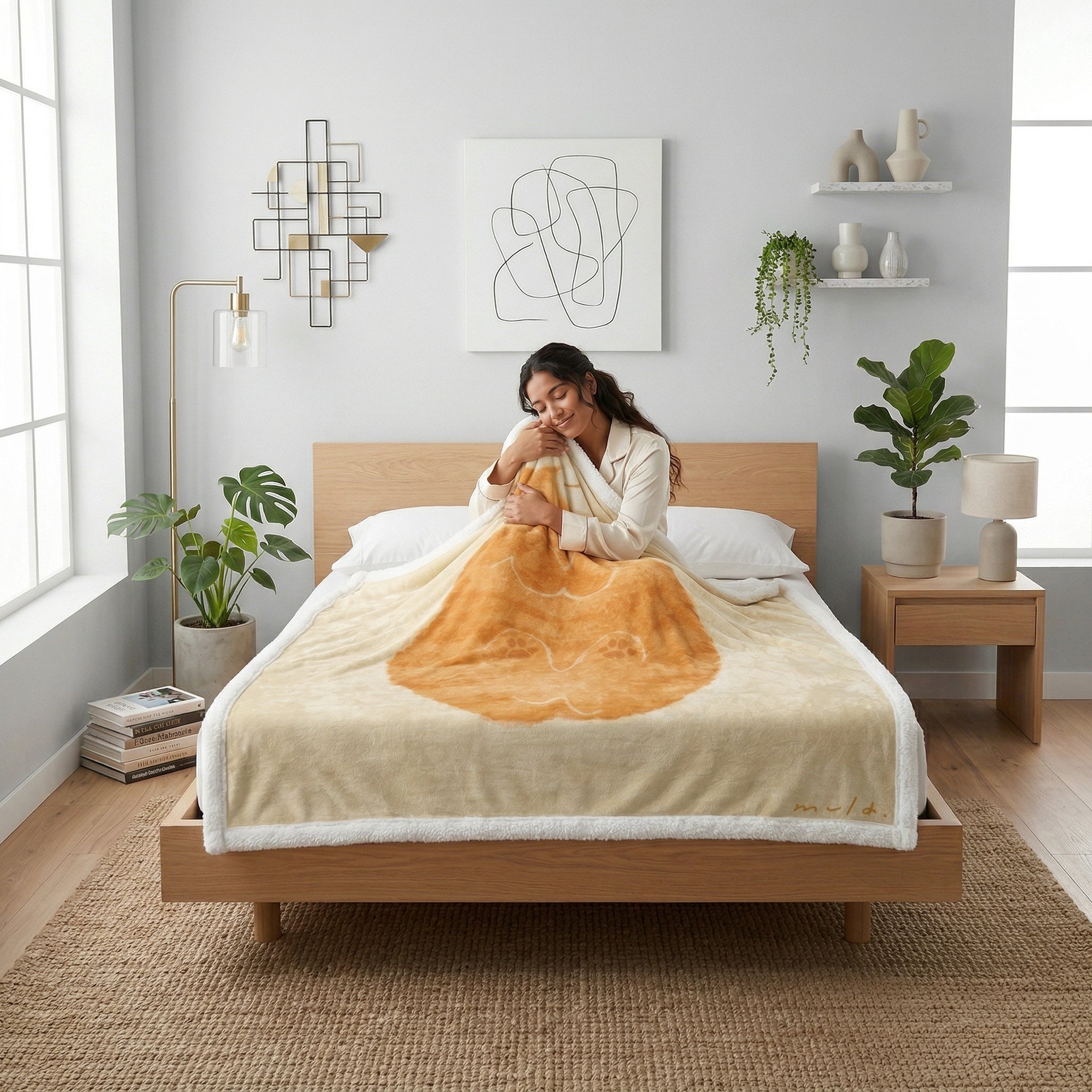 Woman on a bed wrapped in a soft, reversible flannel blanket with a large, round orange cat illustration.