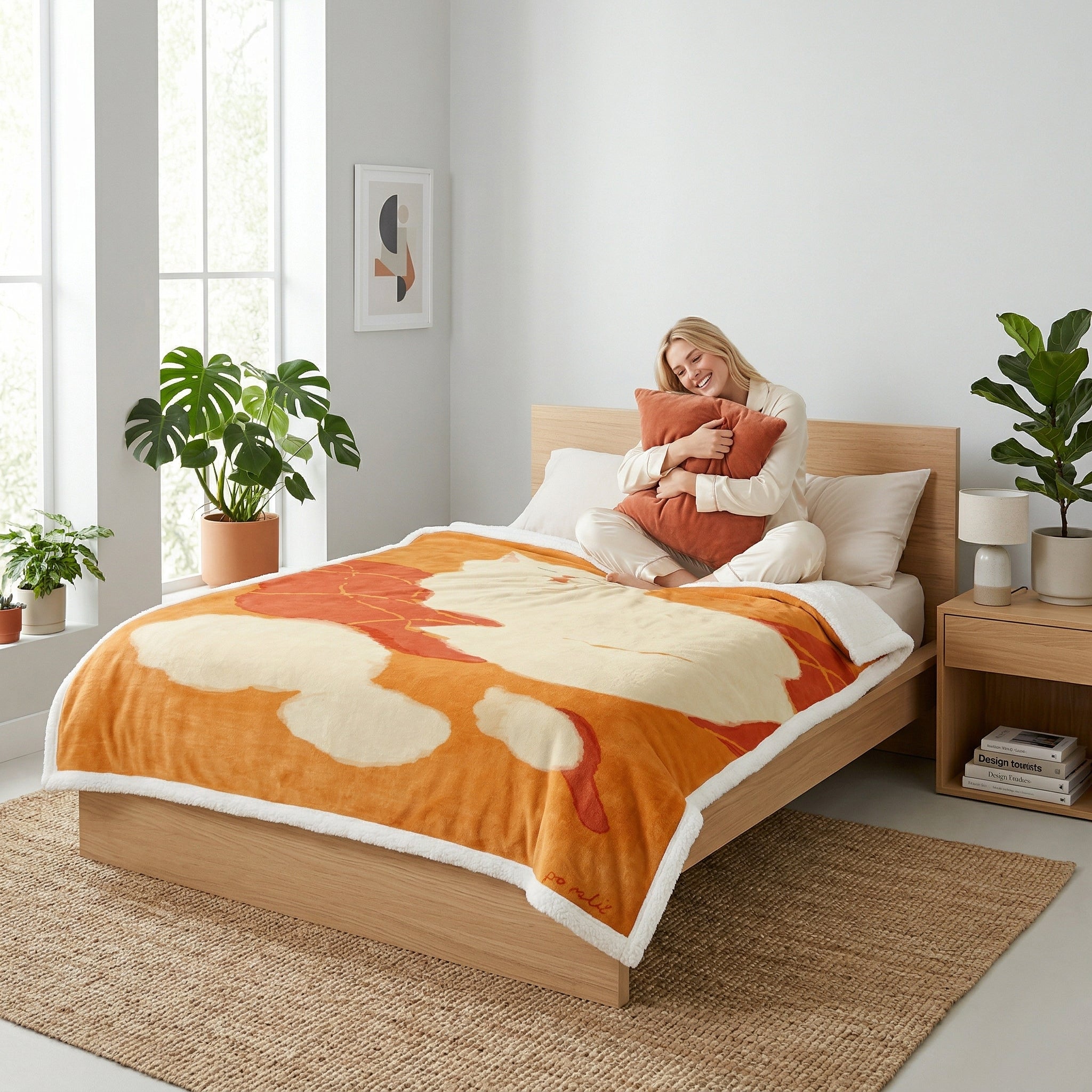 Woman on a bed with a reversible orange and cream Cat Flannel Illustration Blanket, holding a matching pillow.