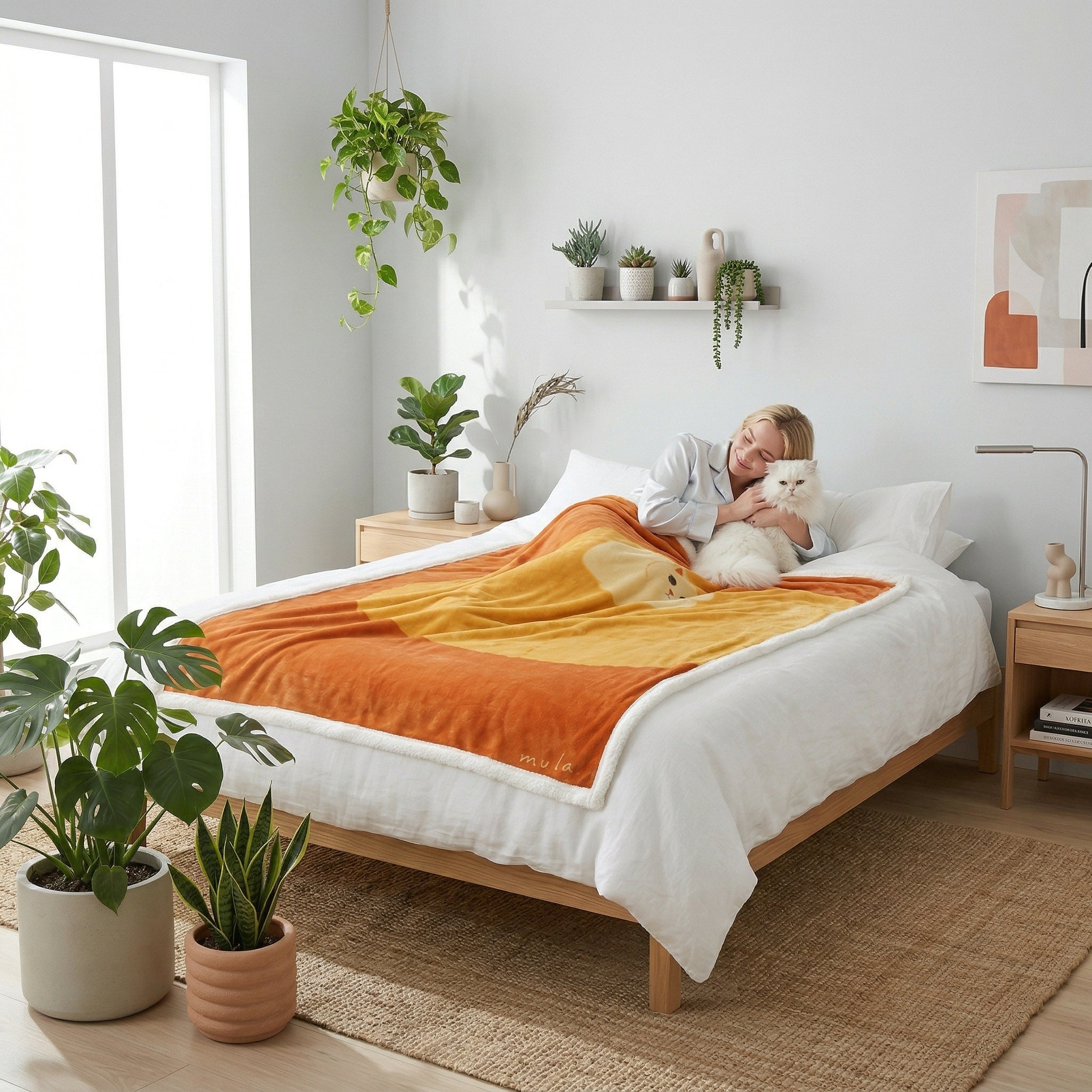 Woman cuddling a white cat on a bed with an orange and yellow Cat Flannel Illustration Blanket.