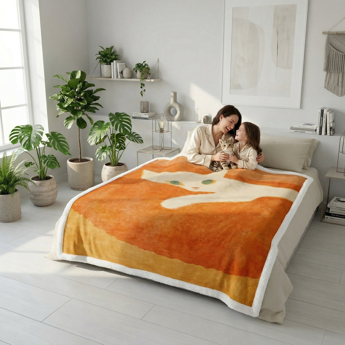 Orange flannel blanket with a white cat illustration, draped over a bed with a woman and child.