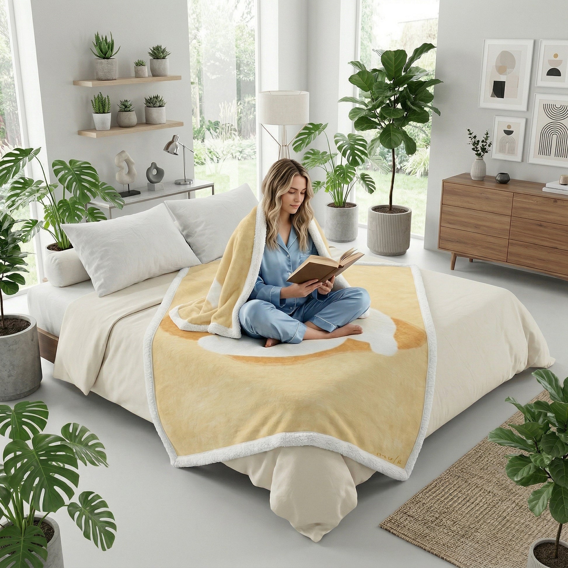 Woman in blue pajamas reading on a bed, covered by a soft, reversible yellow flannel blanket with white sherpa lining.