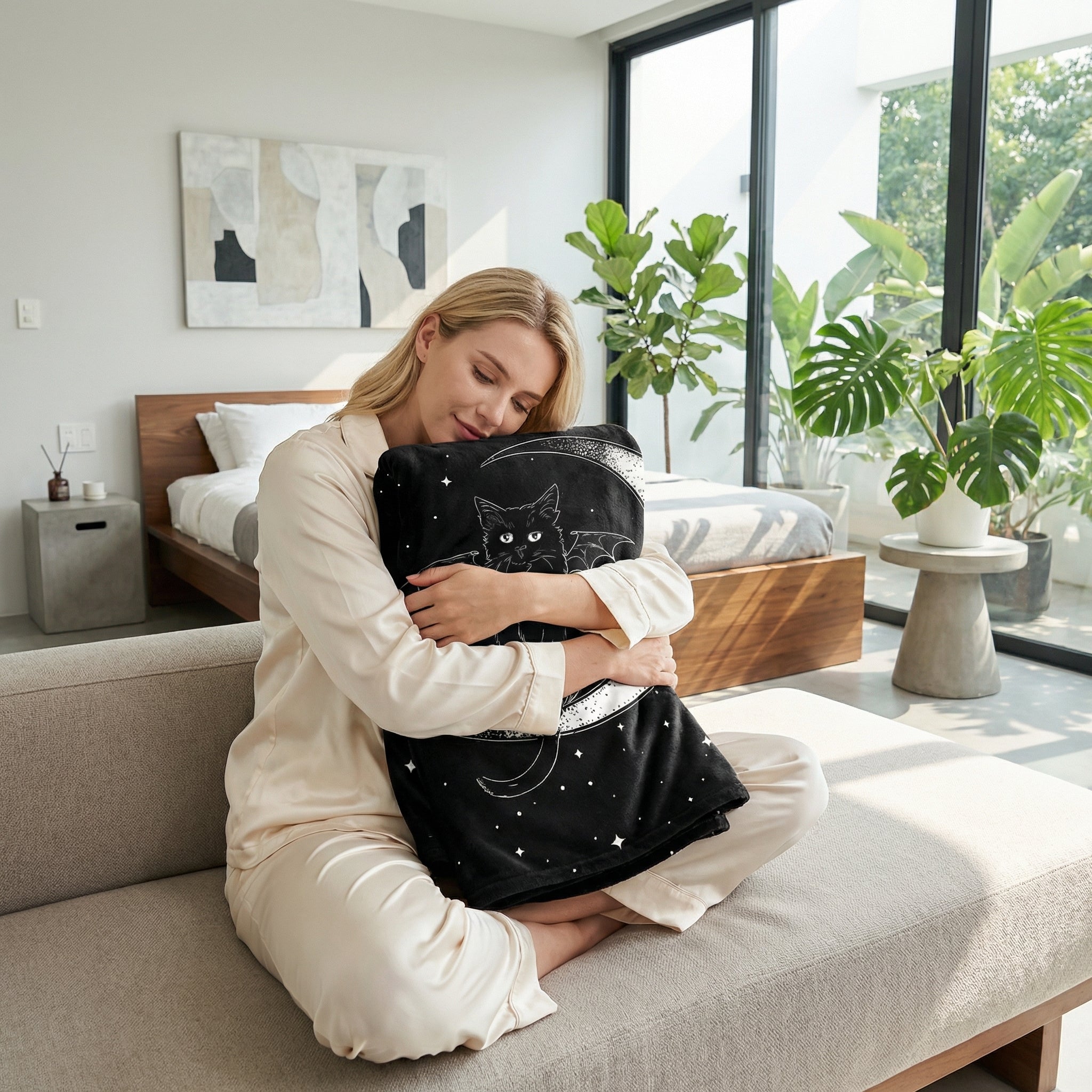 Blonde woman in pajamas hugging a black flannel throw blanket with a white cat and moon design.