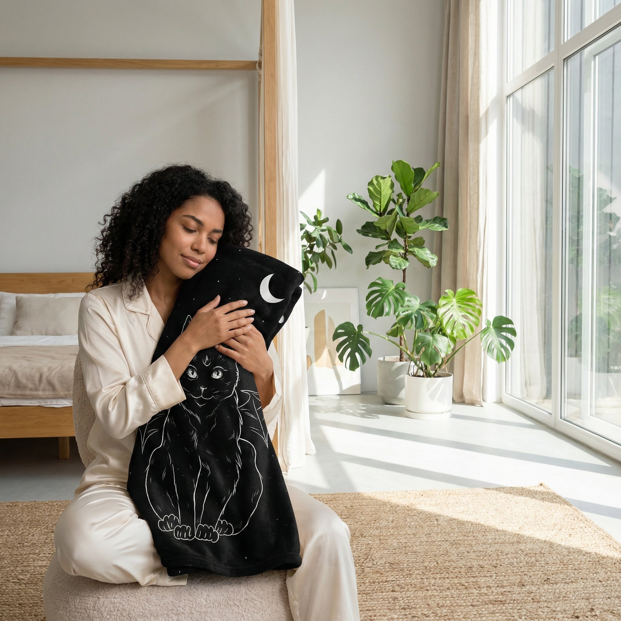 Woman in pajamas hugging a black flannel throw blanket with a white cat and moon design.