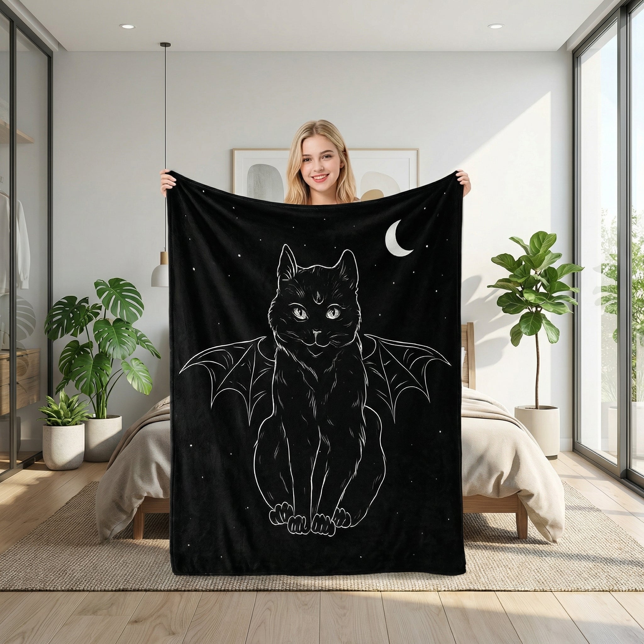 Smiling woman holding a black flannel throw blanket with a white winged cat and crescent moon design.