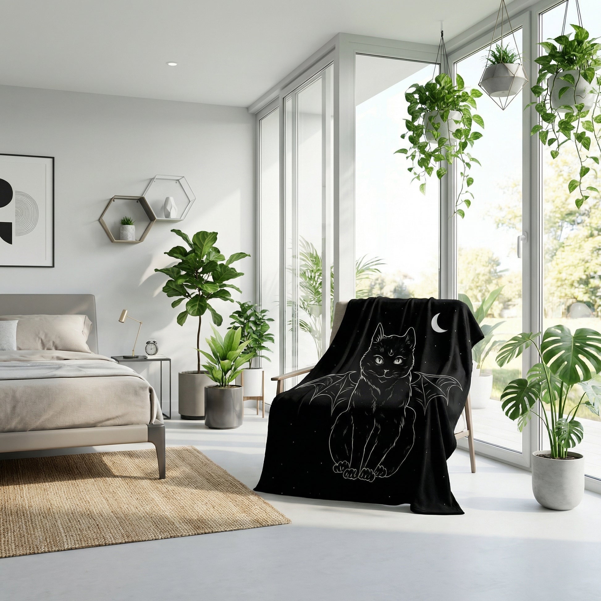 Black flannel throw blanket with a white cat and moon design draped over a chair in a bright room.