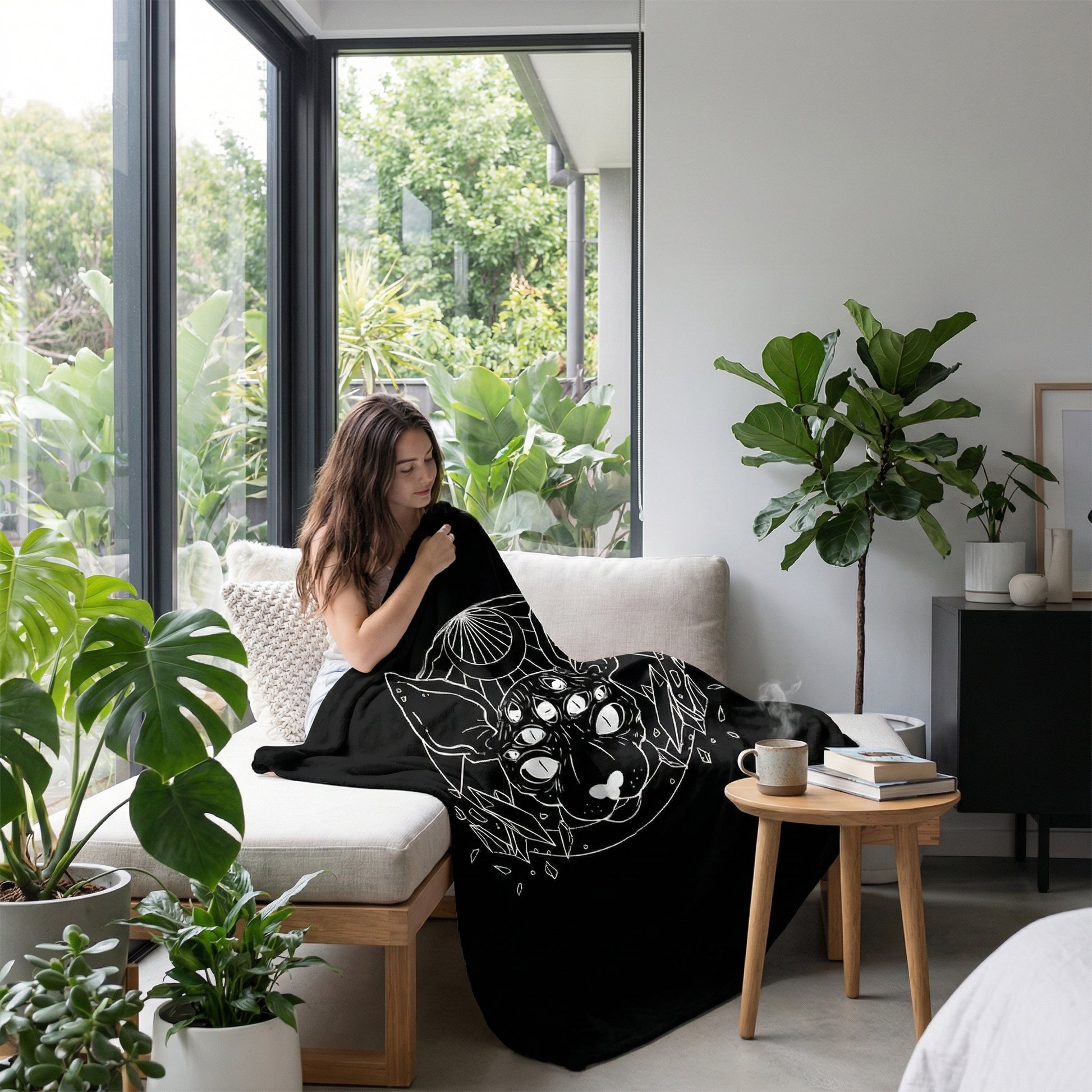 Woman on a sofa with a black flannel throw blanket featuring a white cat and moon 3D print design.