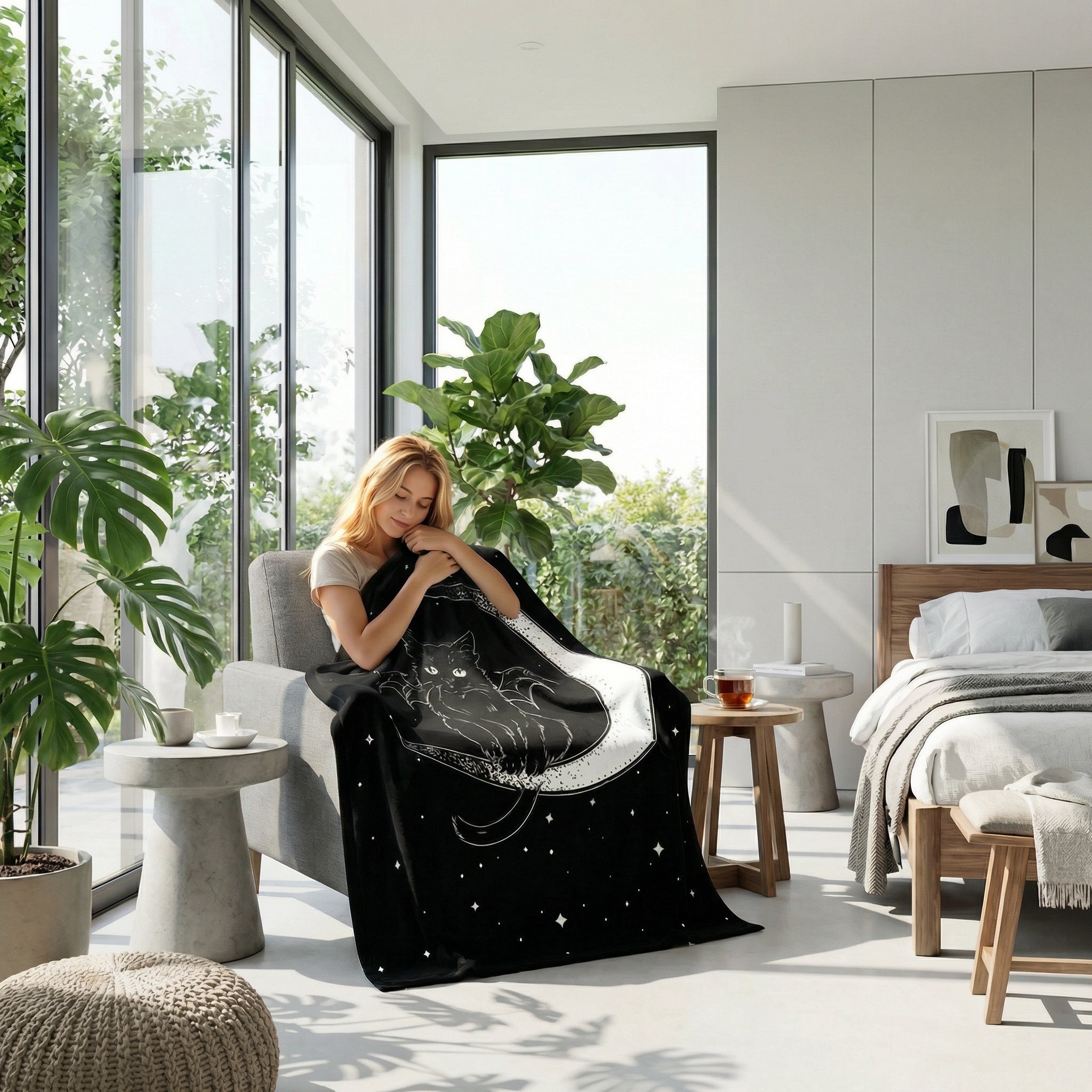 Woman wrapped in a black flannel throw blanket with a white cat and moon design, relaxing in a modern room.