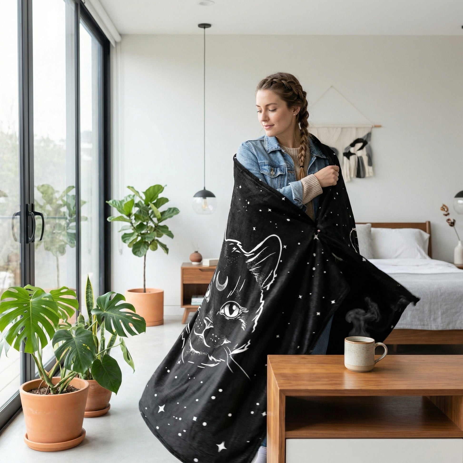 Woman wrapped in a black flannel throw blanket with a white cat and moon design, in a modern bedroom.