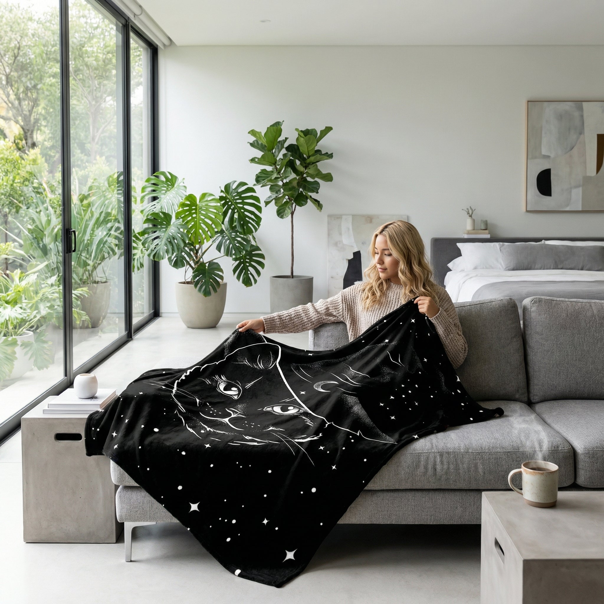 Woman on a gray sofa holding a black flannel throw blanket with a white cat and moon design.