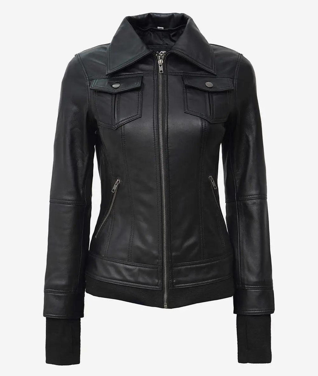 Céleste Women's Black Leather Bomber Jacket with Hood 2