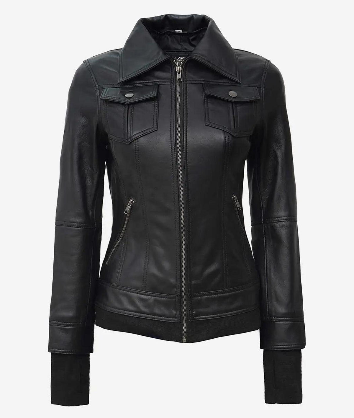 Céleste Women's Black Leather Bomber Jacket with Hood 4