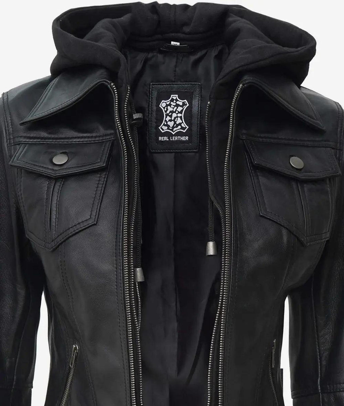 Céleste Women's Black Leather Bomber Jacket with Hood 6