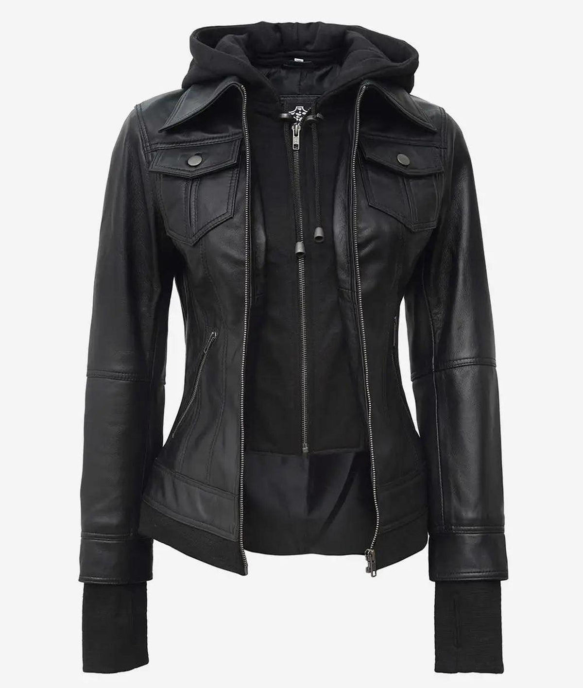 Céleste Women's Black Leather Bomber Jacket with Hood 5