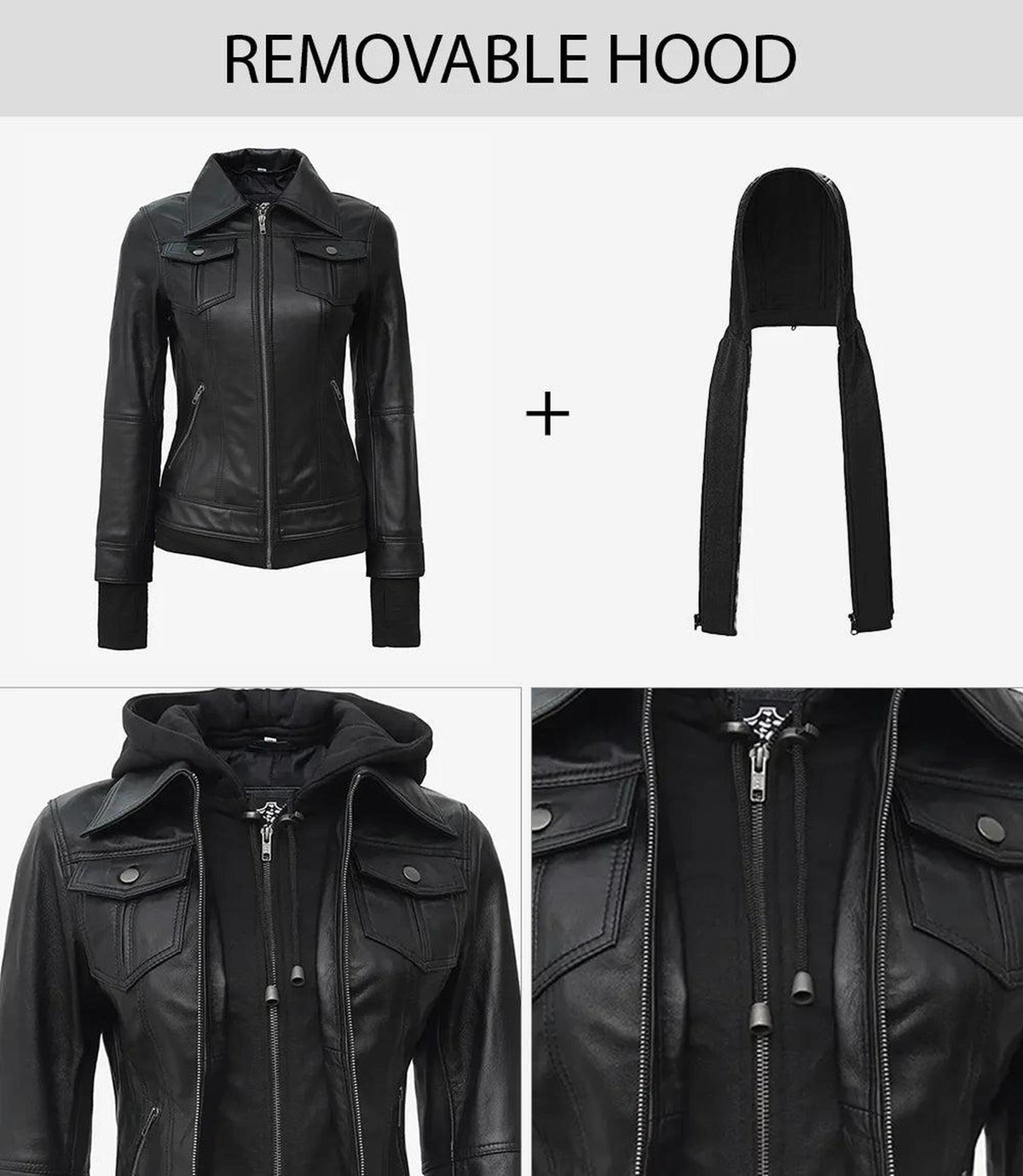 Céleste Women's Black Leather Bomber Jacket with Hood 3