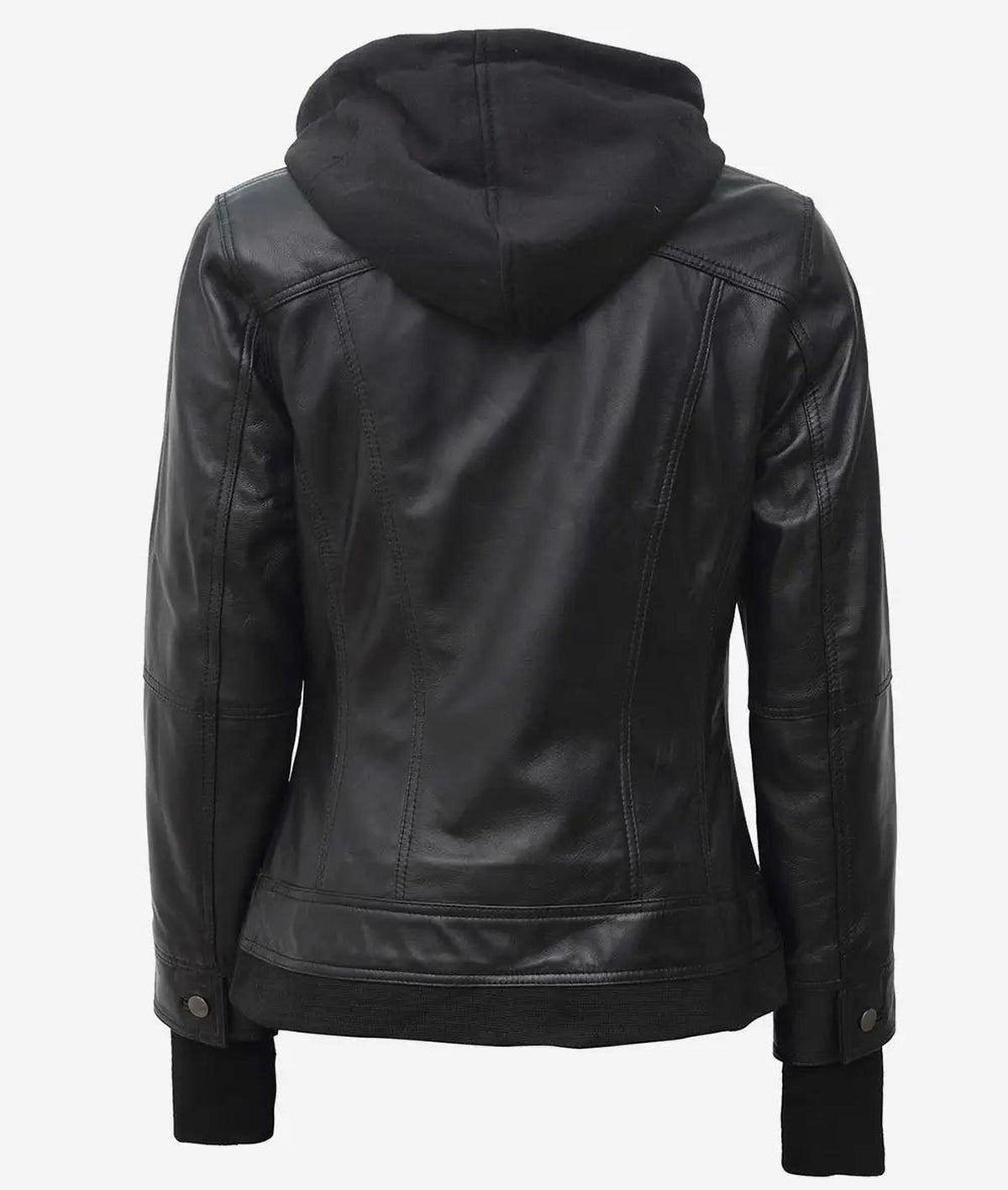 Céleste Women's Black Leather Bomber Jacket with Hood 8