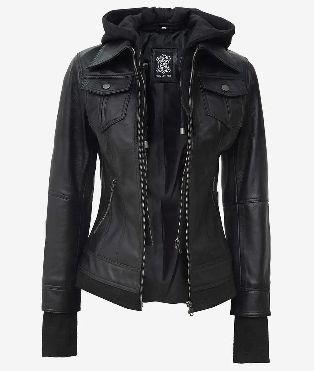 Céleste Women's Black Leather Bomber Jacket with Hood 2