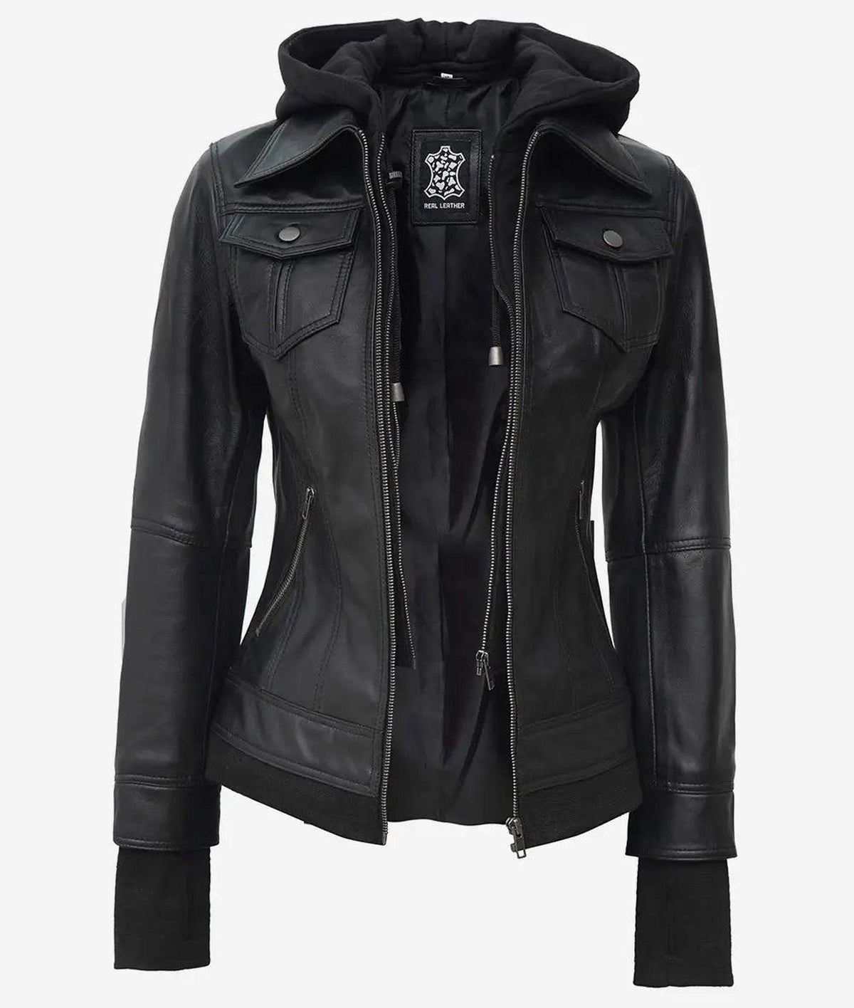 Céleste Women's Black Leather Bomber Jacket with Hood 2