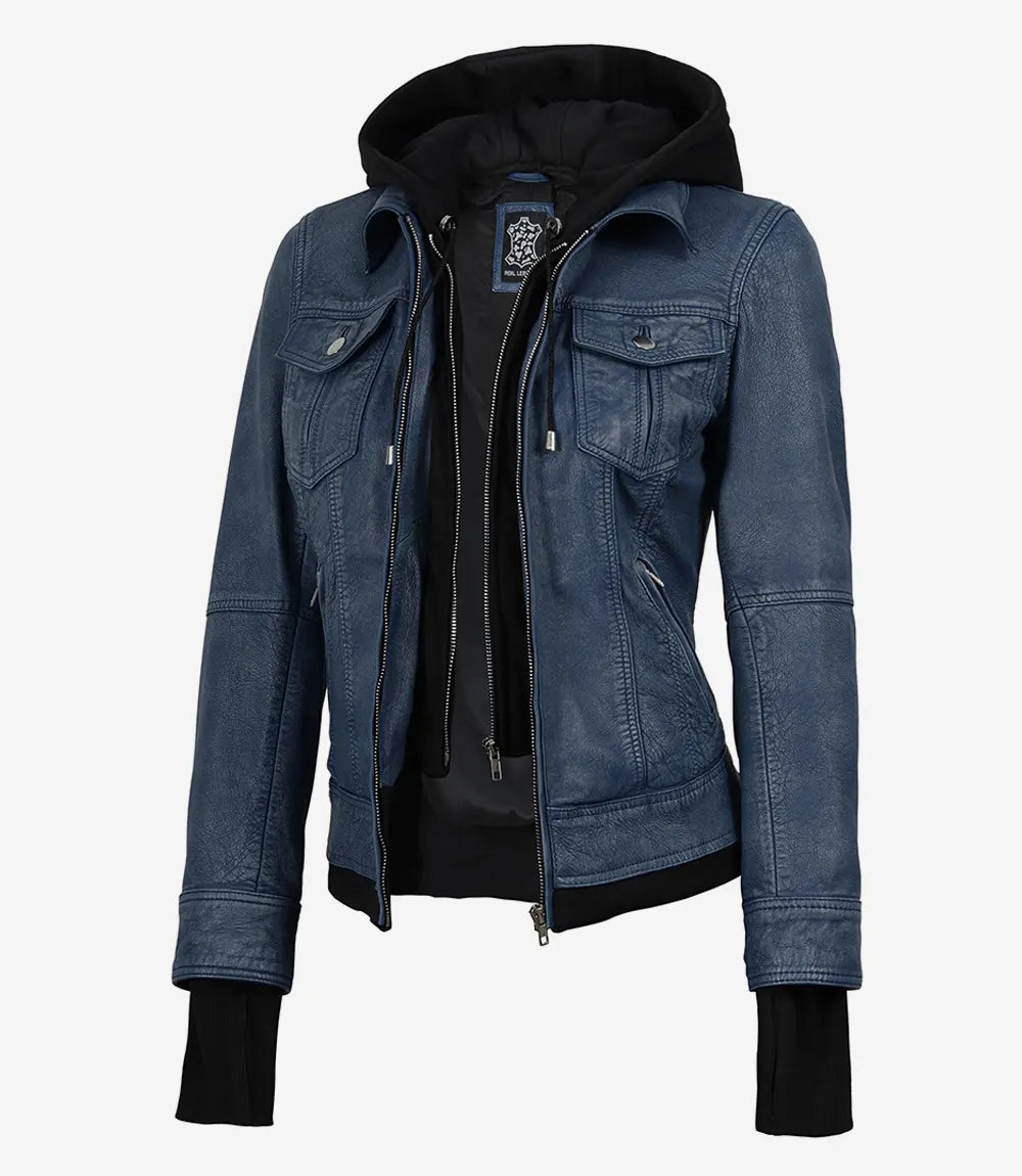 Céleste Women's Blue Washed Leather Bomber Jacket with Hood-Leather Jackets-Glompi-XS-Glompi