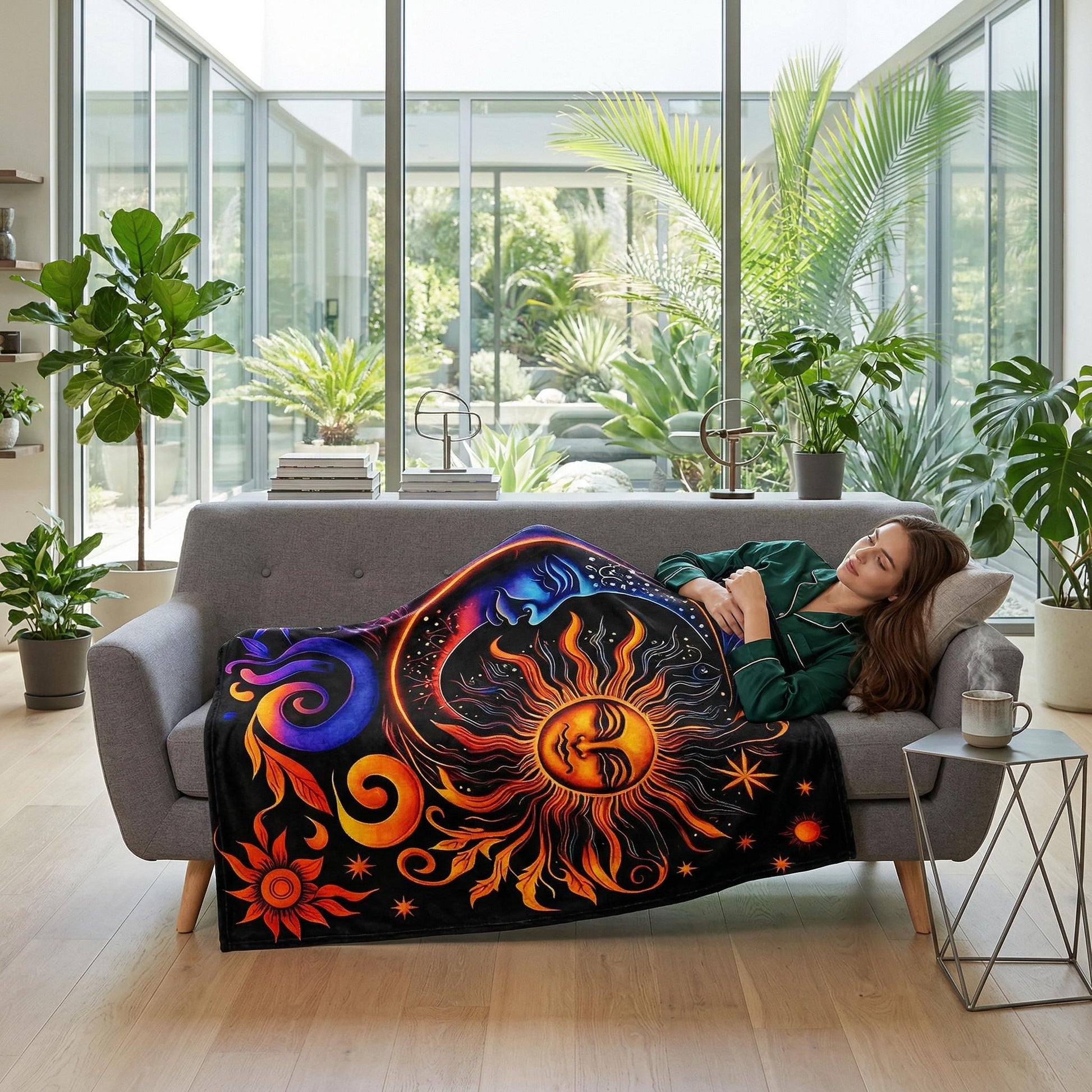 Woman sleeping on a gray sofa, covered by a black Celestial Dreams throw blanket with a vibrant sun and moon design.