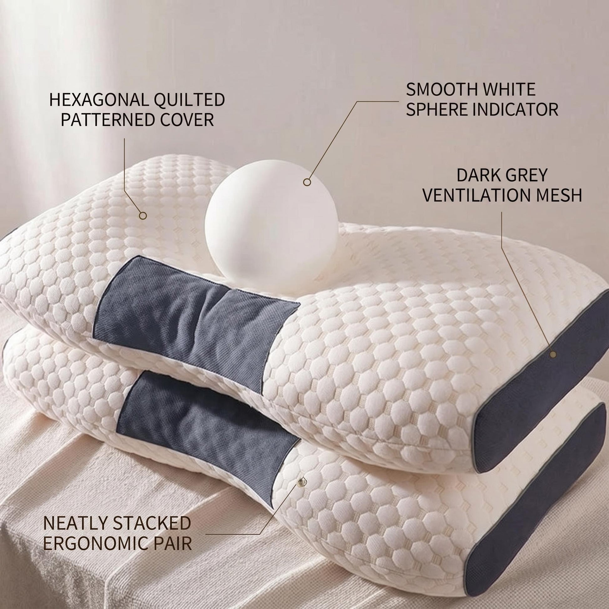 Two white hexagonal quilted cervical support pillows with dark grey ventilation mesh, neatly stacked.