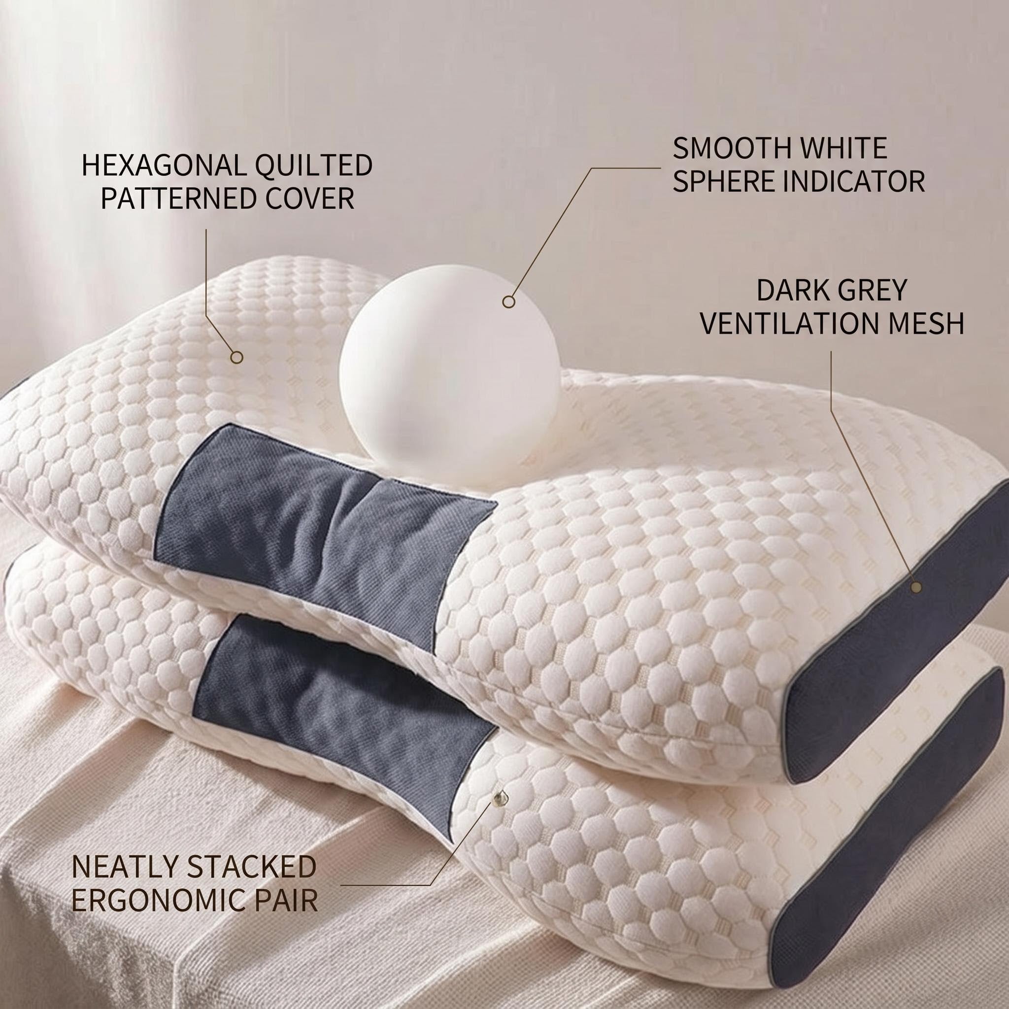 Two white hexagonal quilted cervical support pillows with dark grey ventilation mesh, neatly stacked.