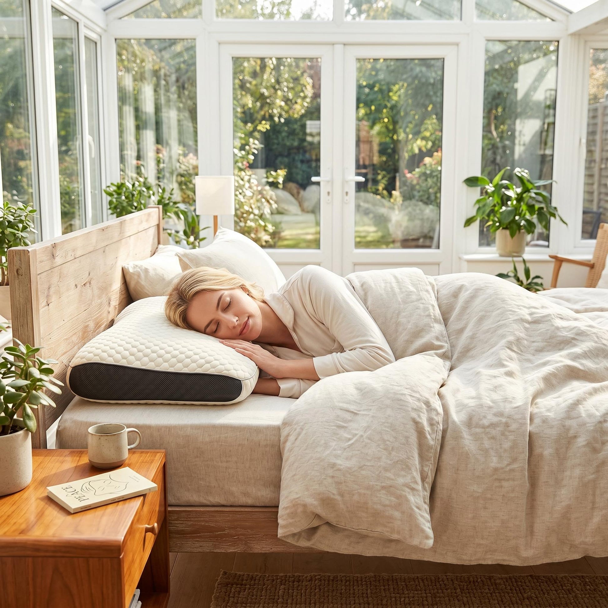 Woman sleeping peacefully on a white and black quilted soybean fiber cervical support pillow in a bright bedroom.