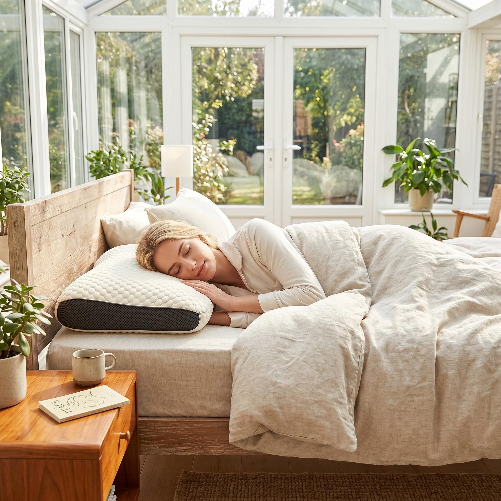 Woman sleeping peacefully on a white and black quilted soybean fiber cervical support pillow in a bright bedroom.