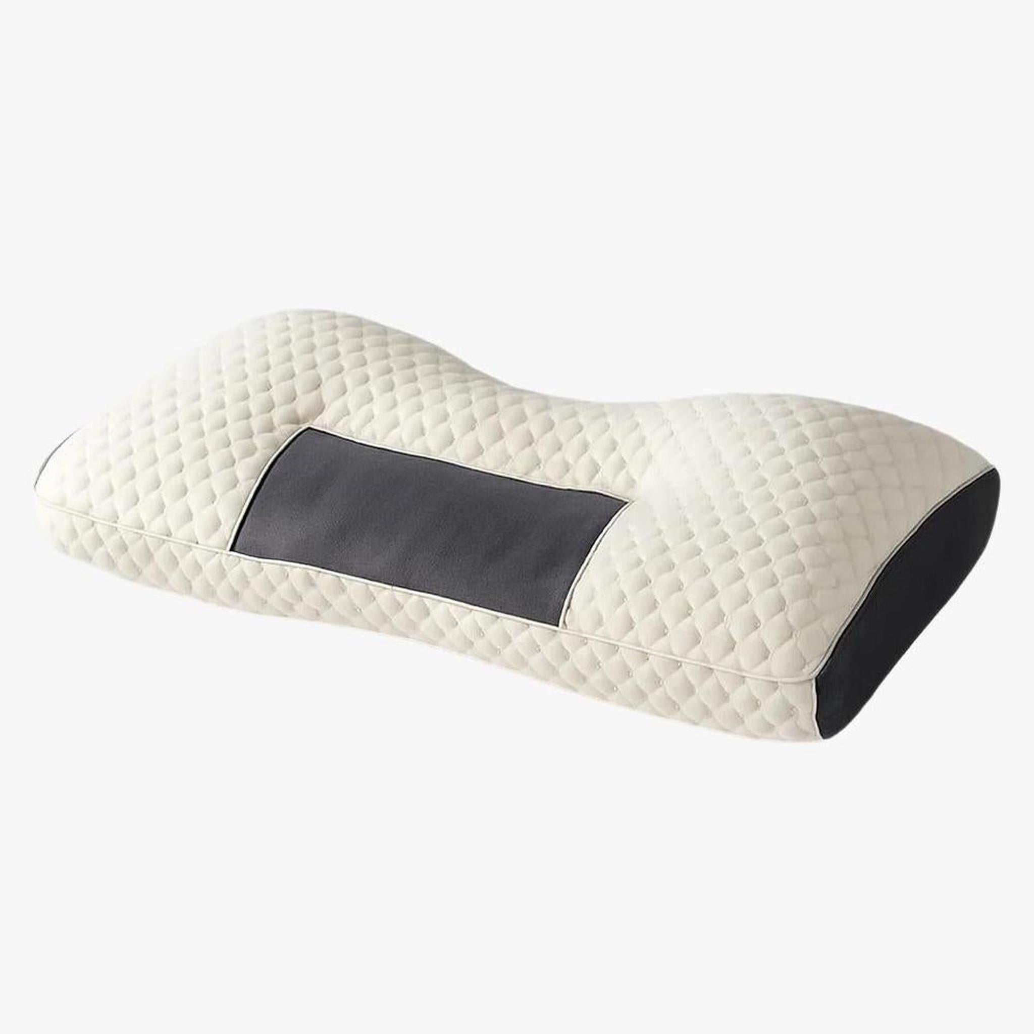 White quilted cervical support pillow with a dark gray center panel and ends.