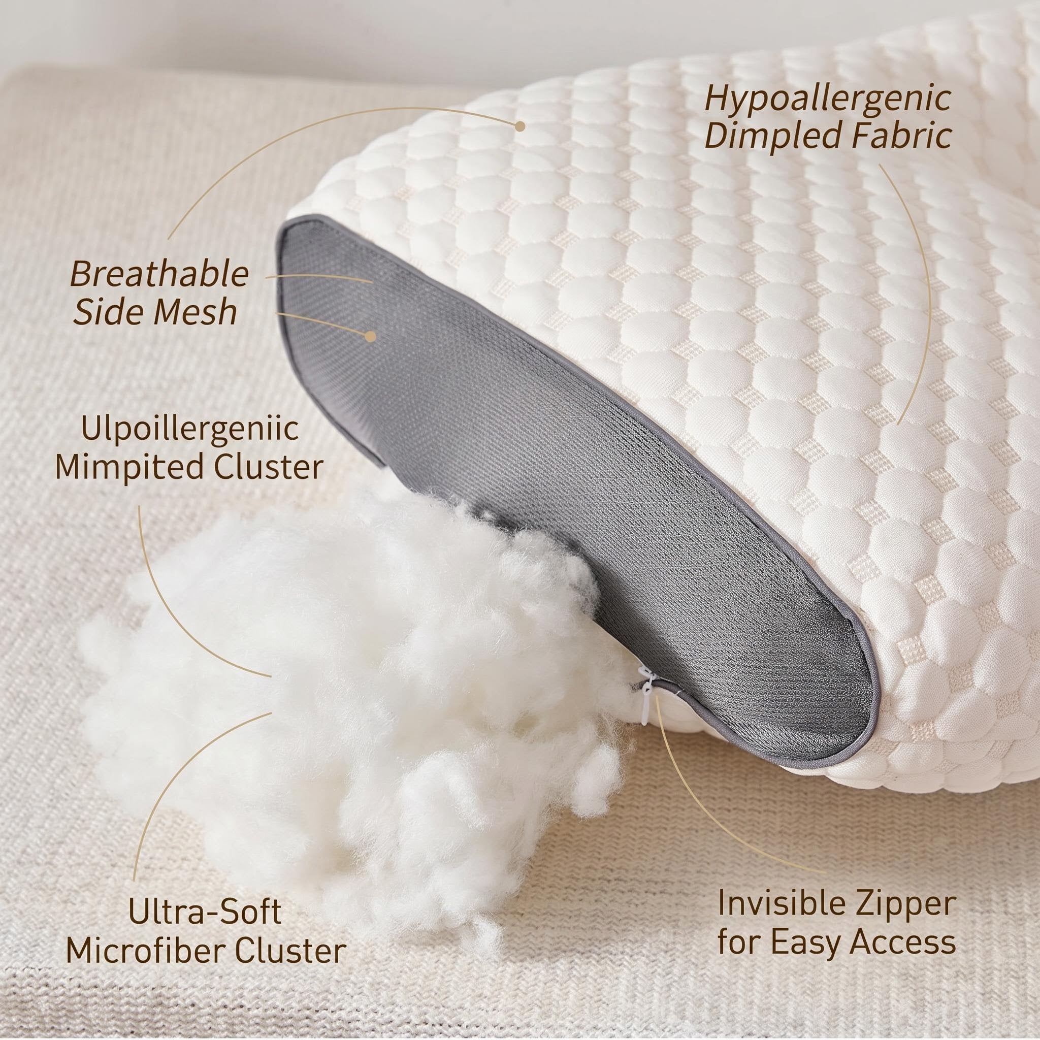 White cervical support pillow with dimpled soybean fiber fabric, breathable gray side mesh, and exposed ultra-soft microfiber cluster.