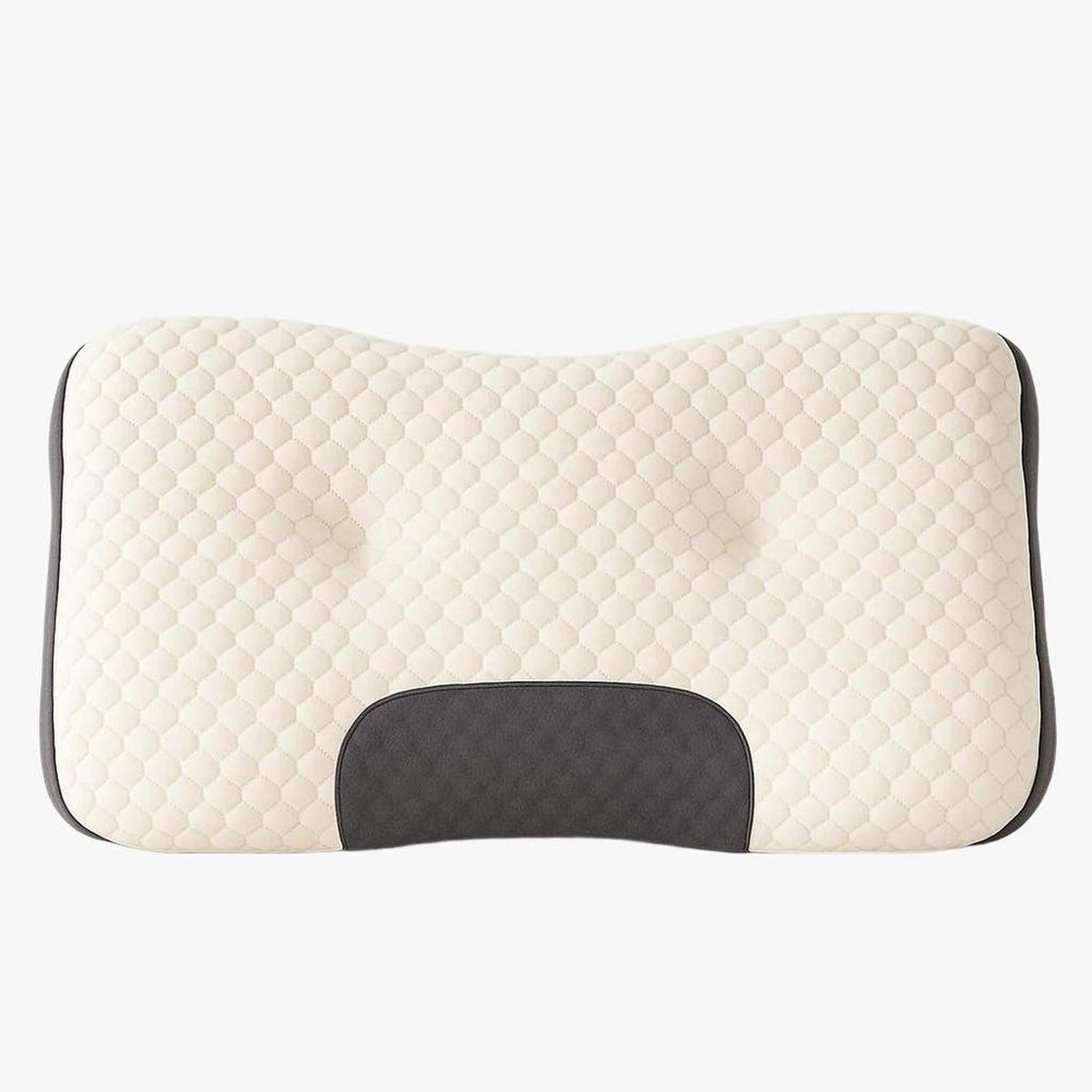 Cream quilted soybean fiber cervical support pillow with dark grey trim and neck contour.