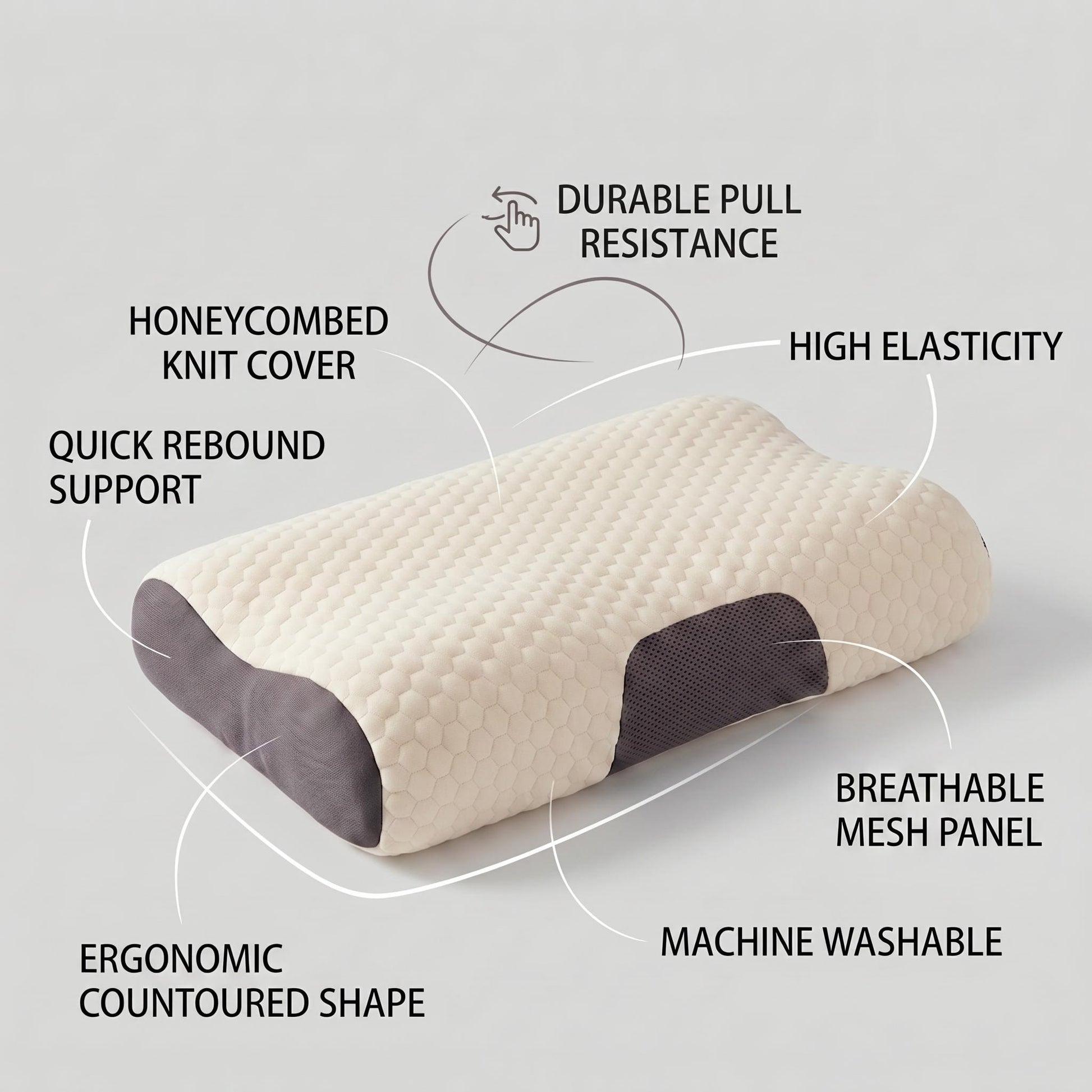Ergonomic cervical support pillow with a honeycomb knit cover, breathable mesh, and contoured shape.