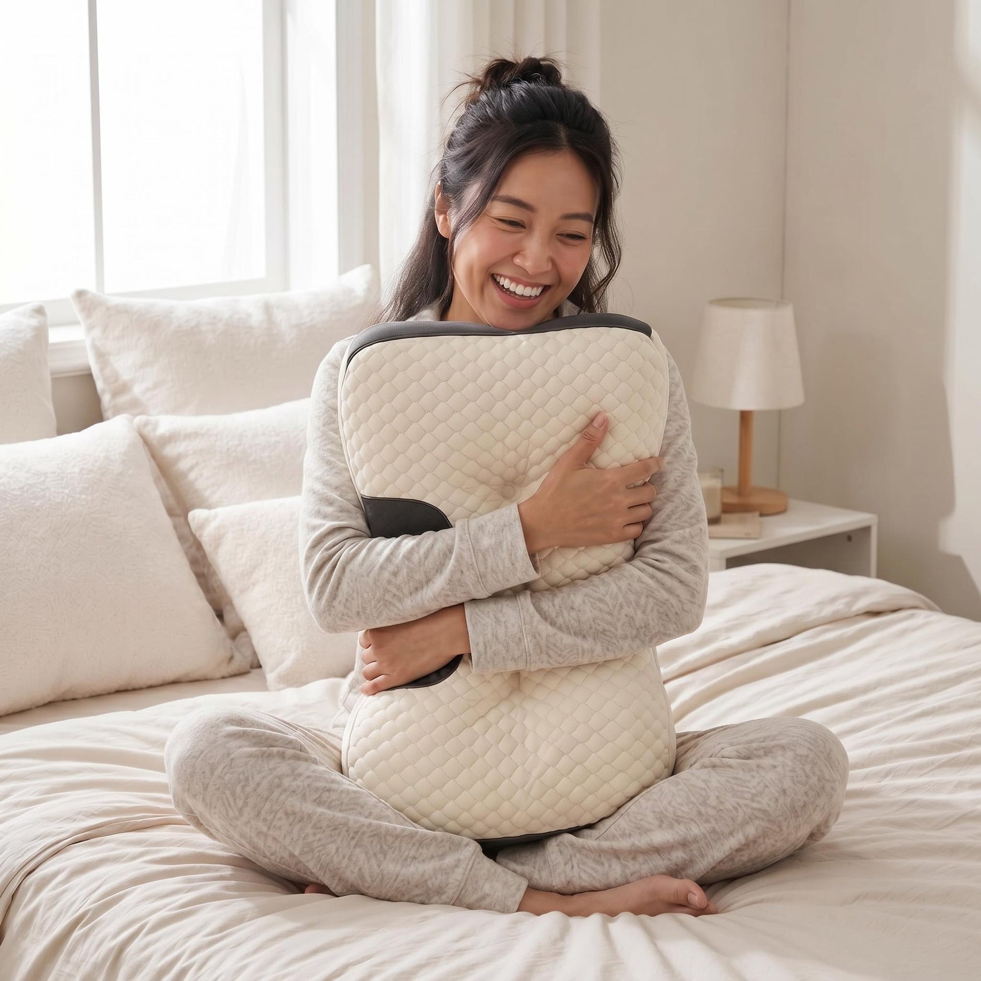 Happy woman hugging a quilted cream cervical support pillow with dark gray accents on a bed.