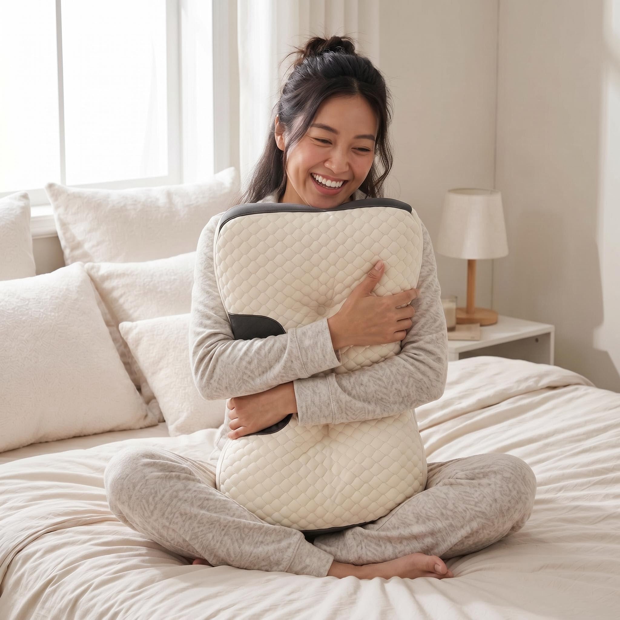 Happy woman hugging a quilted cream cervical support pillow with dark gray accents on a bed.