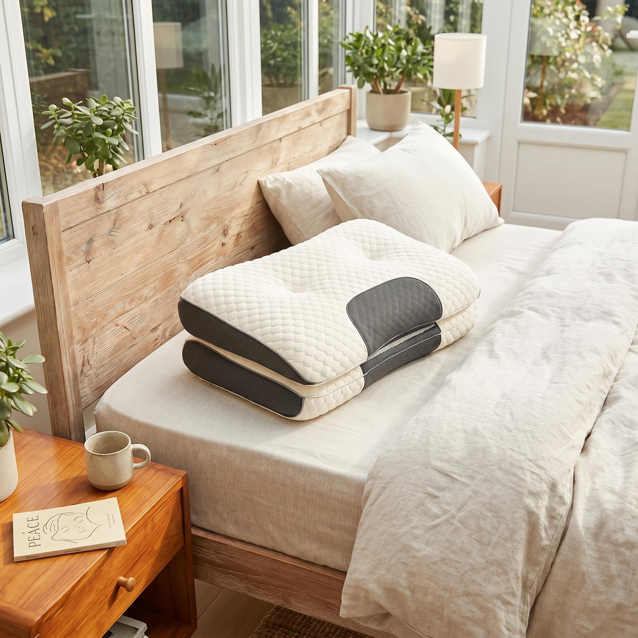 White quilted cervical support pillow with dark gray accents on a bed.