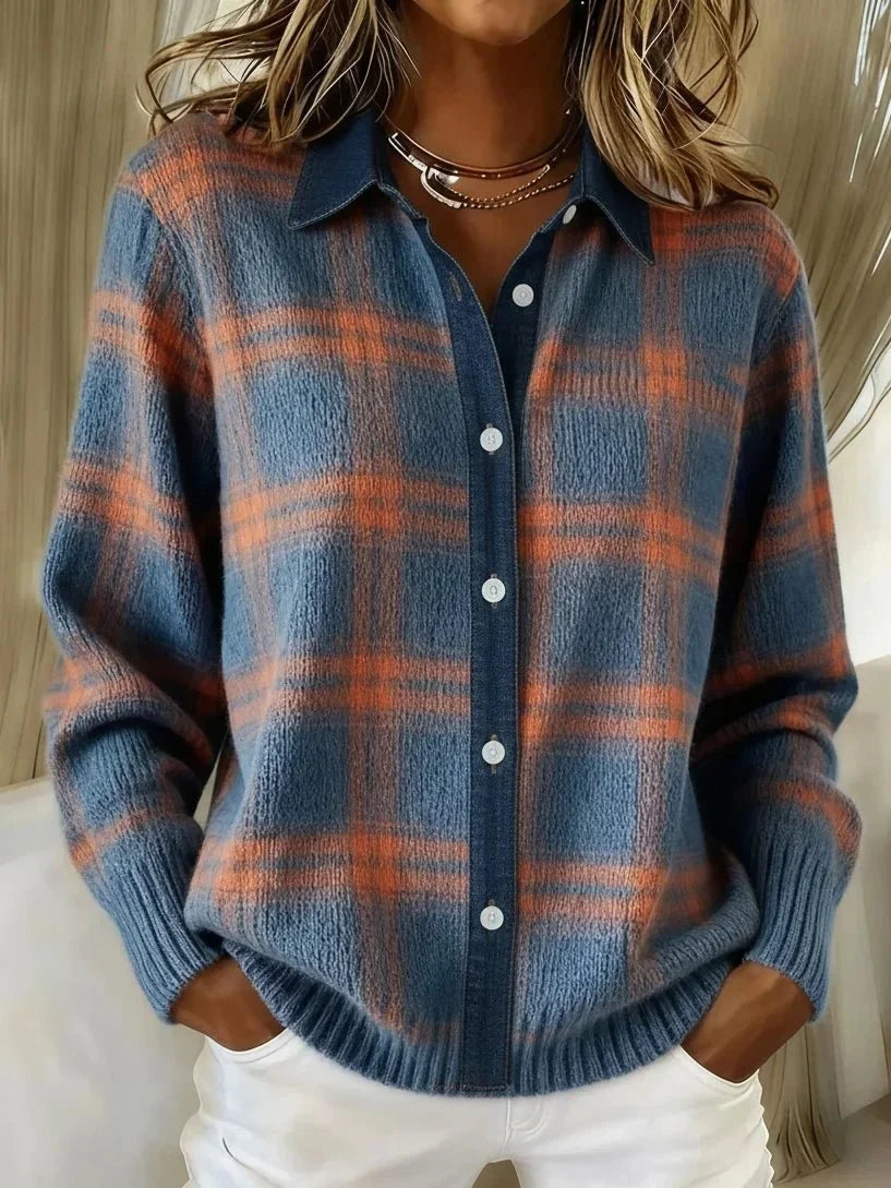 Check Knit Cardigan with Shirt Collar and Button Front 0