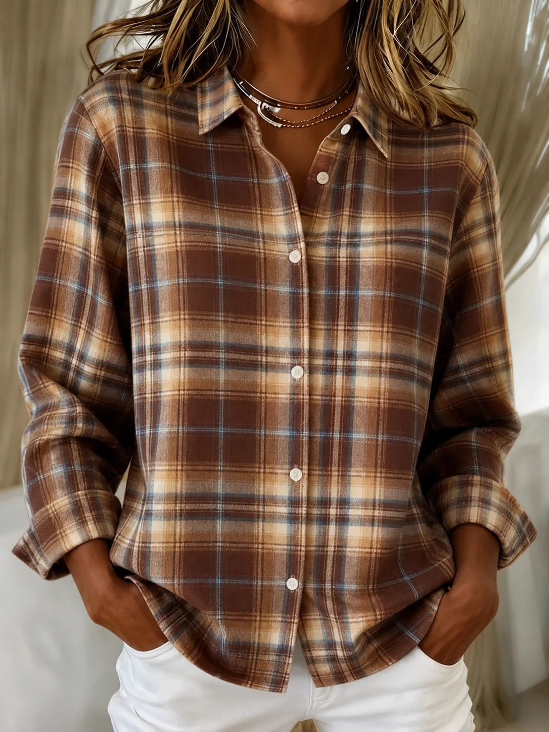 Check Knit Cardigan with Shirt Collar and Button Front 1