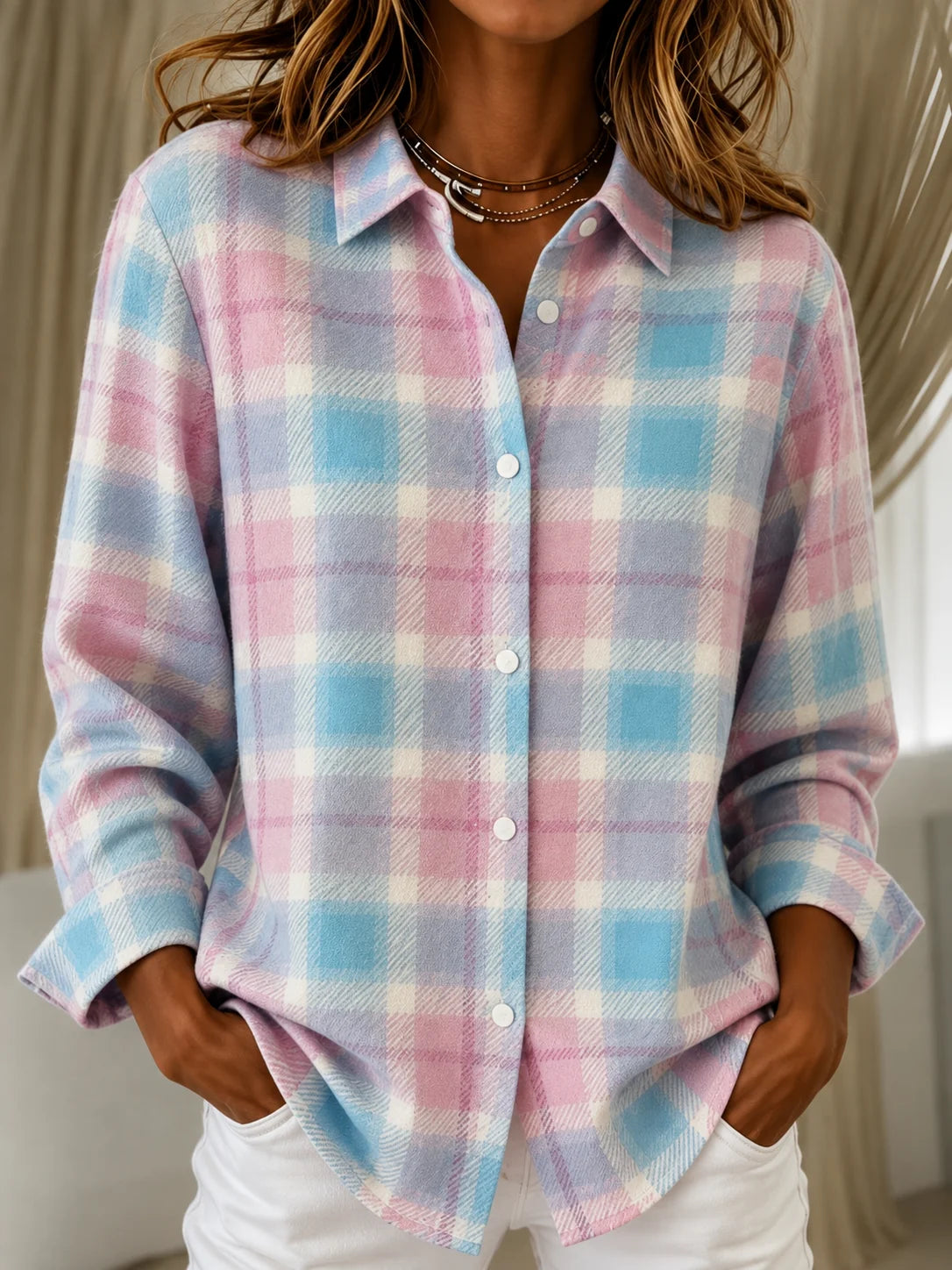 Check Knit Cardigan with Shirt Collar and Button Front 5