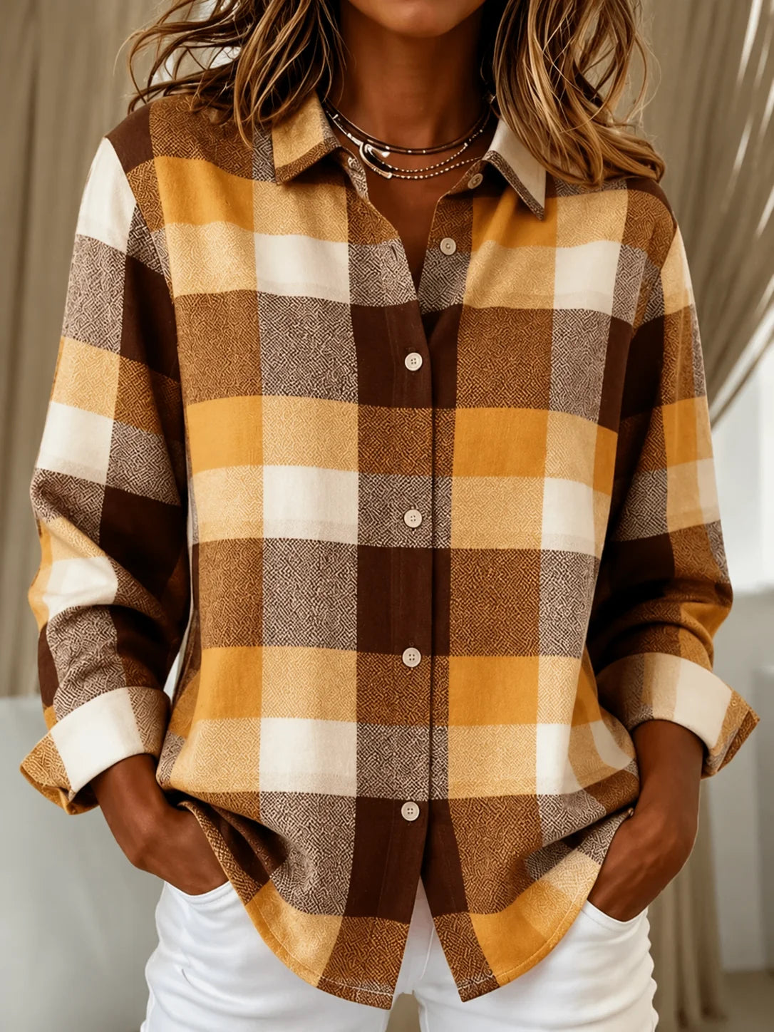 Check Knit Cardigan with Shirt Collar and Button Front 4