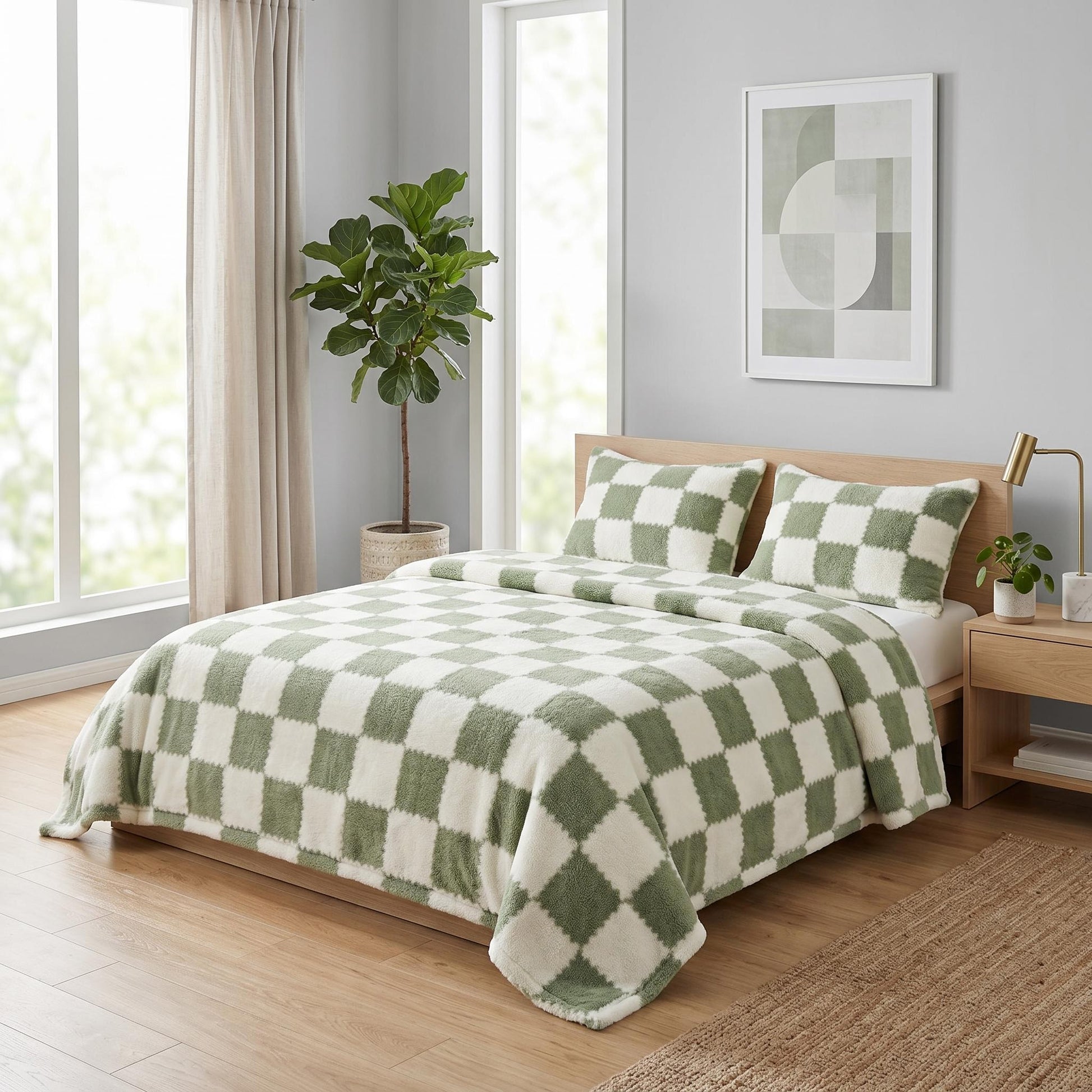 Green and white checkered flannel fleece blanket and two pillow shams on a wooden bed.