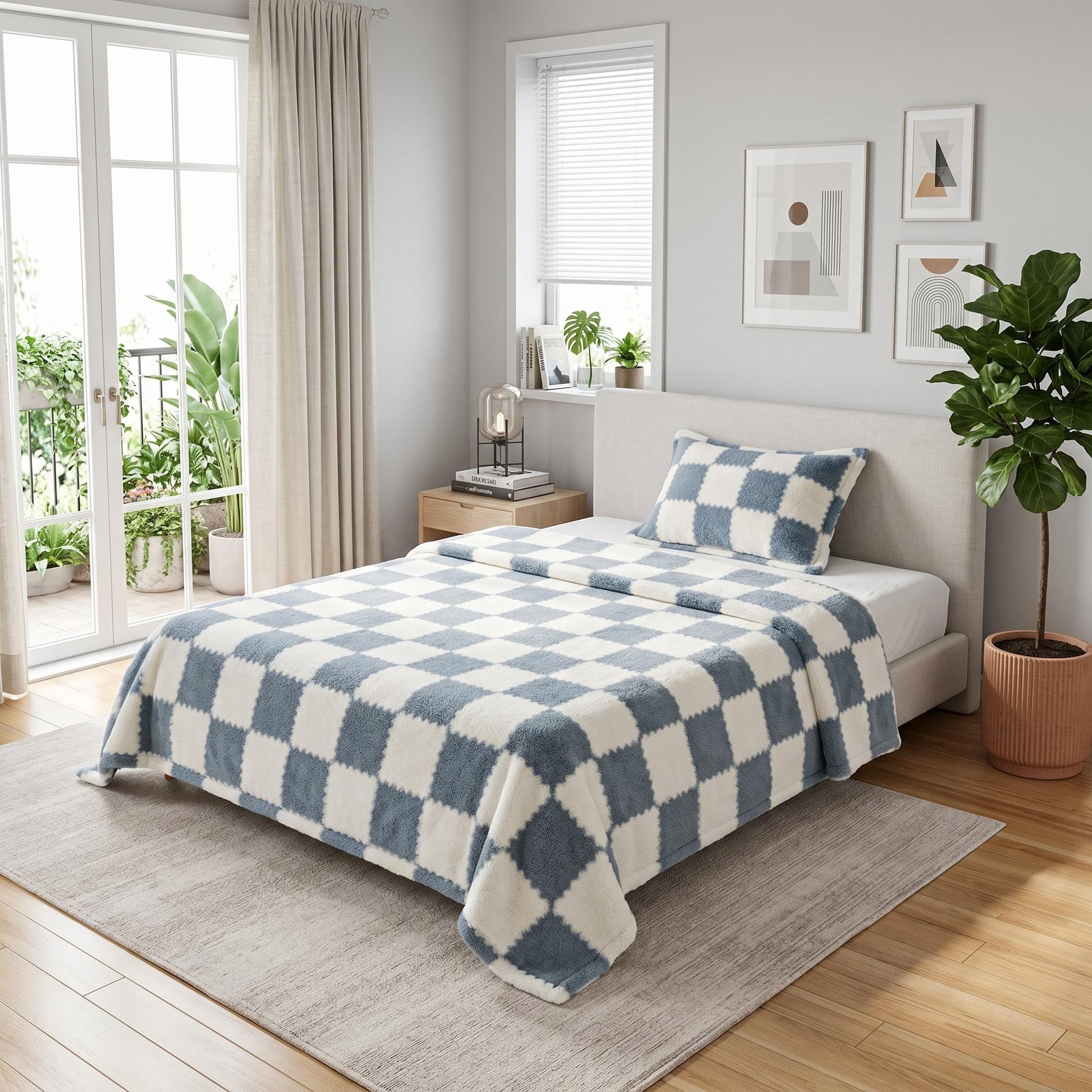 Blue and white checkered flannel fleece blanket and matching pillow on a bed in a bright bedroom.