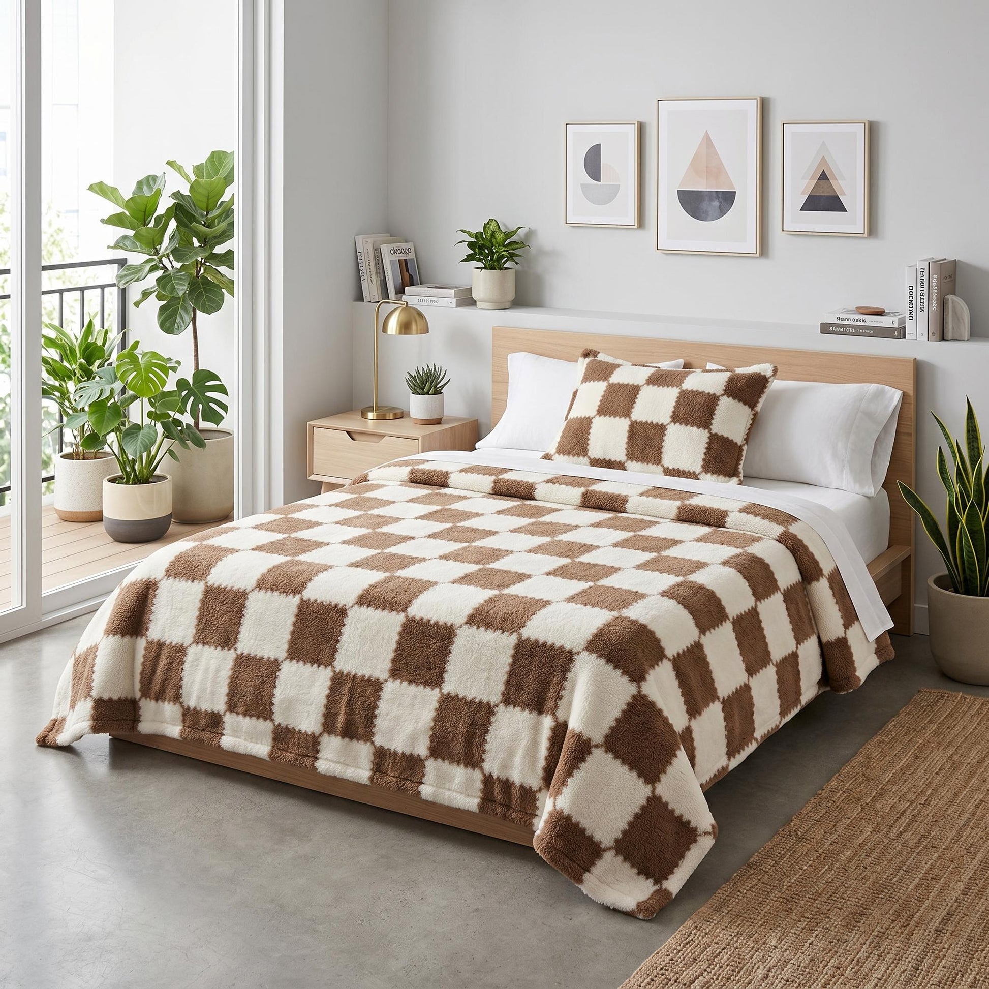 Brown and cream checkered flannel fleece blanket and matching pillow on a light wood bed.