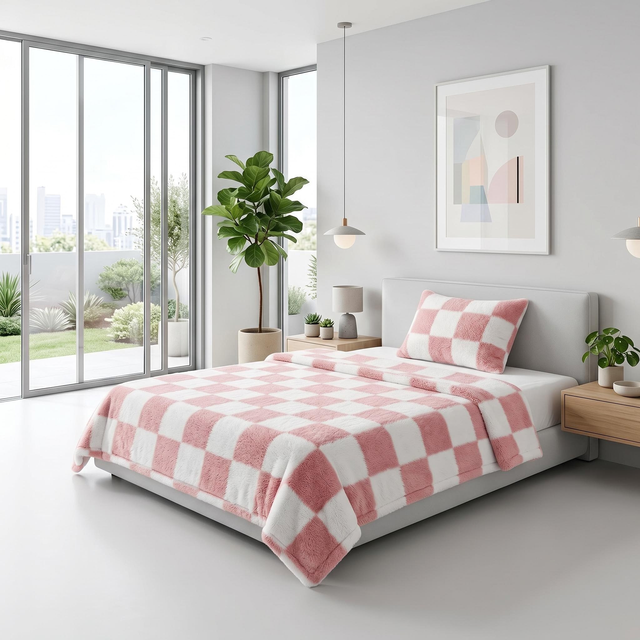 Pink and white checkered flannel fleece blanket and pillow on a modern bed.
