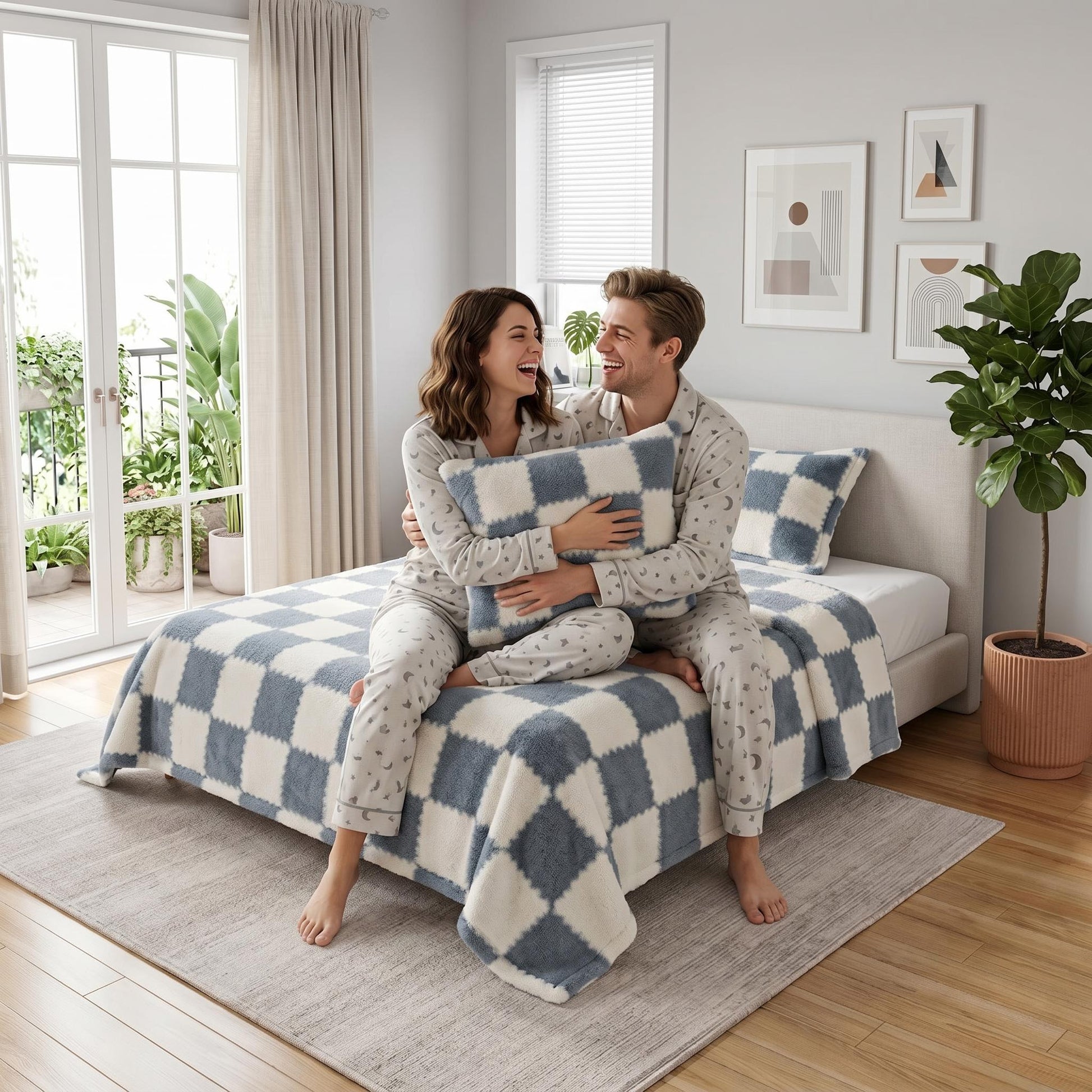 Smiling couple on a bed with a blue and white checkered flannel fleece blanket and matching pillow.