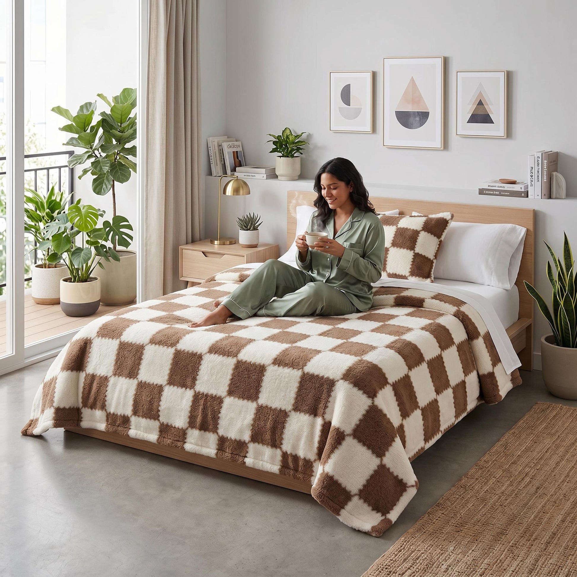 Woman in green pajamas on a bed with a brown and cream checkered flannel fleece blanket.
