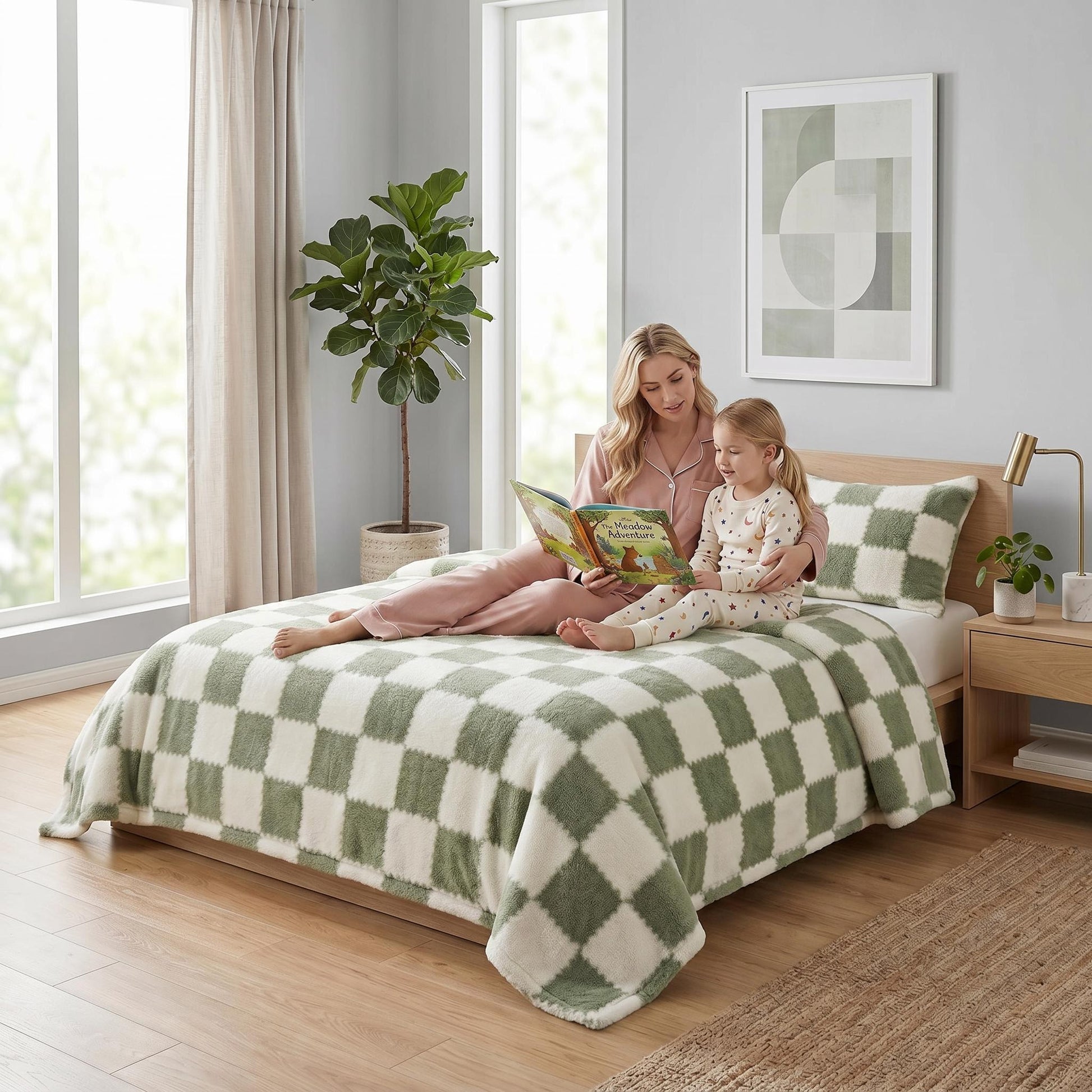 Soft green and white checkered flannel fleece blanket on a bed with a woman and child reading.